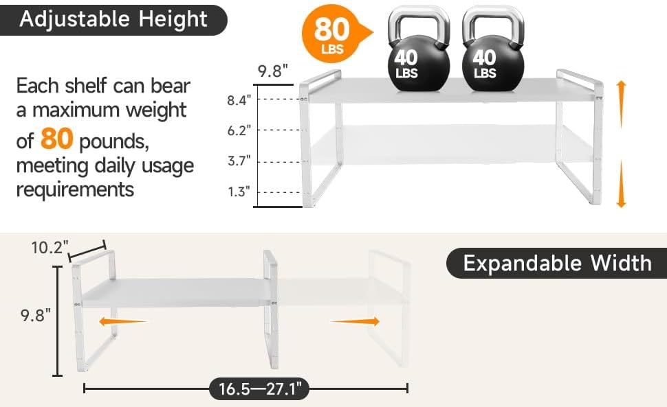 16.5~27.1" Expandable Shelf Organizer, 2Pack 8.1" Wide Stackable Cabinet Shelf Organizers, White Metal Sturdy Kitchen Counter Storage for Countertop, Adjustable Height Spice Rack