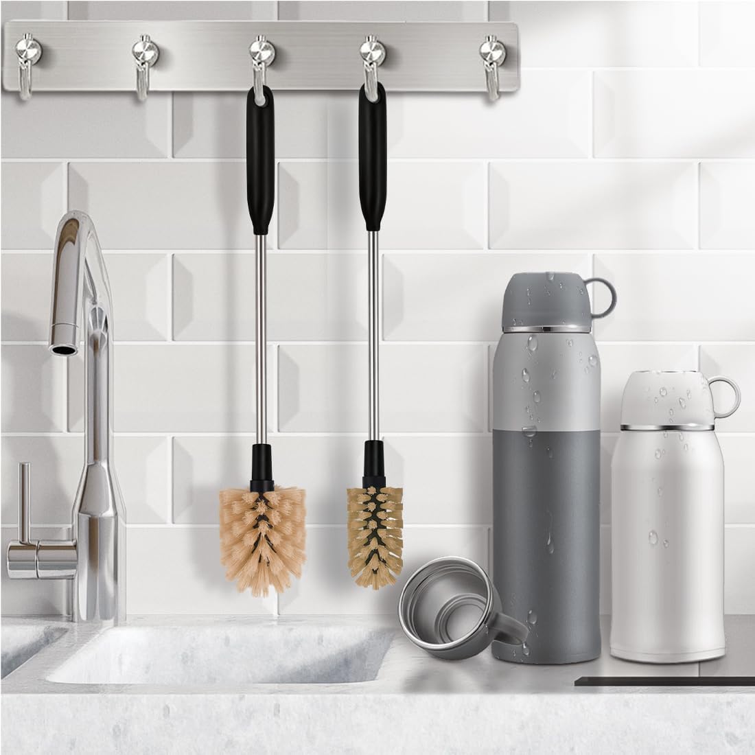 2-in-1 Long Handle Bottle Brush - Water Bottle Cleaning Accessories - Flexible Scrub Brush for Water Bottles,Mugs, Glasswares - with Replacement Brush Heads,Dishwasher Safe Reusable,Brown