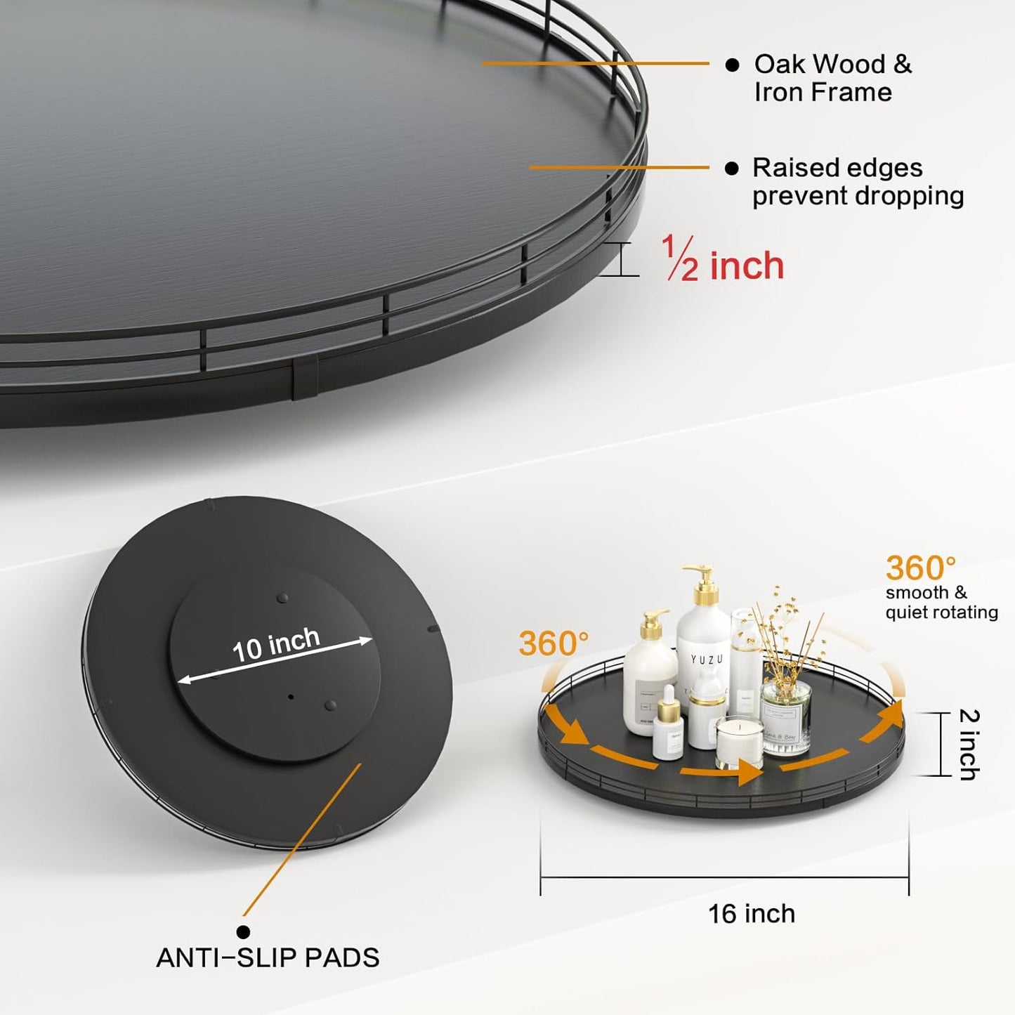 16" Oak Wooden Lazy Susan Turntable for Dining Table, Large Round Lazy Susans Organizer for Kitchen Countertop, Tabletop 360ยฐRotating Tray for Spice Organization and Storage Black Home Decor