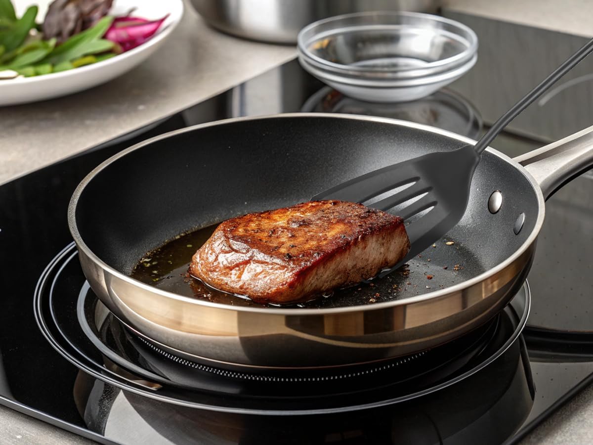 FJNATINH Silicone Spatulas and Turner Set - Stainless Steel Wok Tools, Wok Utensil, Non Stick Turners, Heat Resistant Rubber Spatulas for Fish, Eggs, Pancakes, Wok, Black of 2