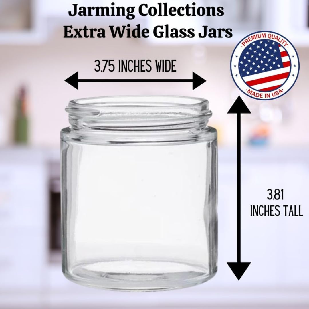 Jarming Collections Mason Jars - 16 oz Glass Extra Wide Mouth Pint Storage Jars with Black Flip Lids - Made in USA
