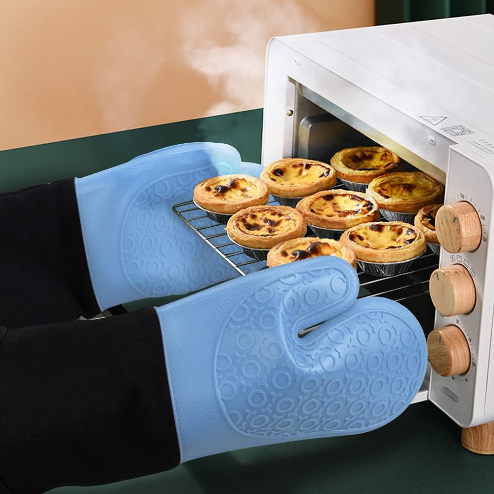 sungwoo Extra Long Silicone Oven Mitts, Heat Resistant Oven Gloves with Quilted Liner Non-Slip Textured Grip Perfect for BBQ, Baking, Cooking and Grilling - 1 Pair 14.6 Inch Sky Blue & Black