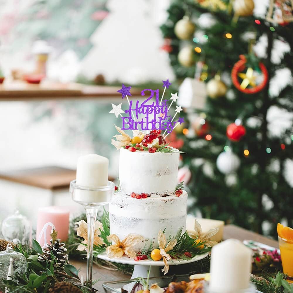 Glittery 21st Happy Birthday Cake Topper with Star,Personalised 21 Birthday Cake Toppers Party Decorations Party Supplies for Boys Girls Purple Silver