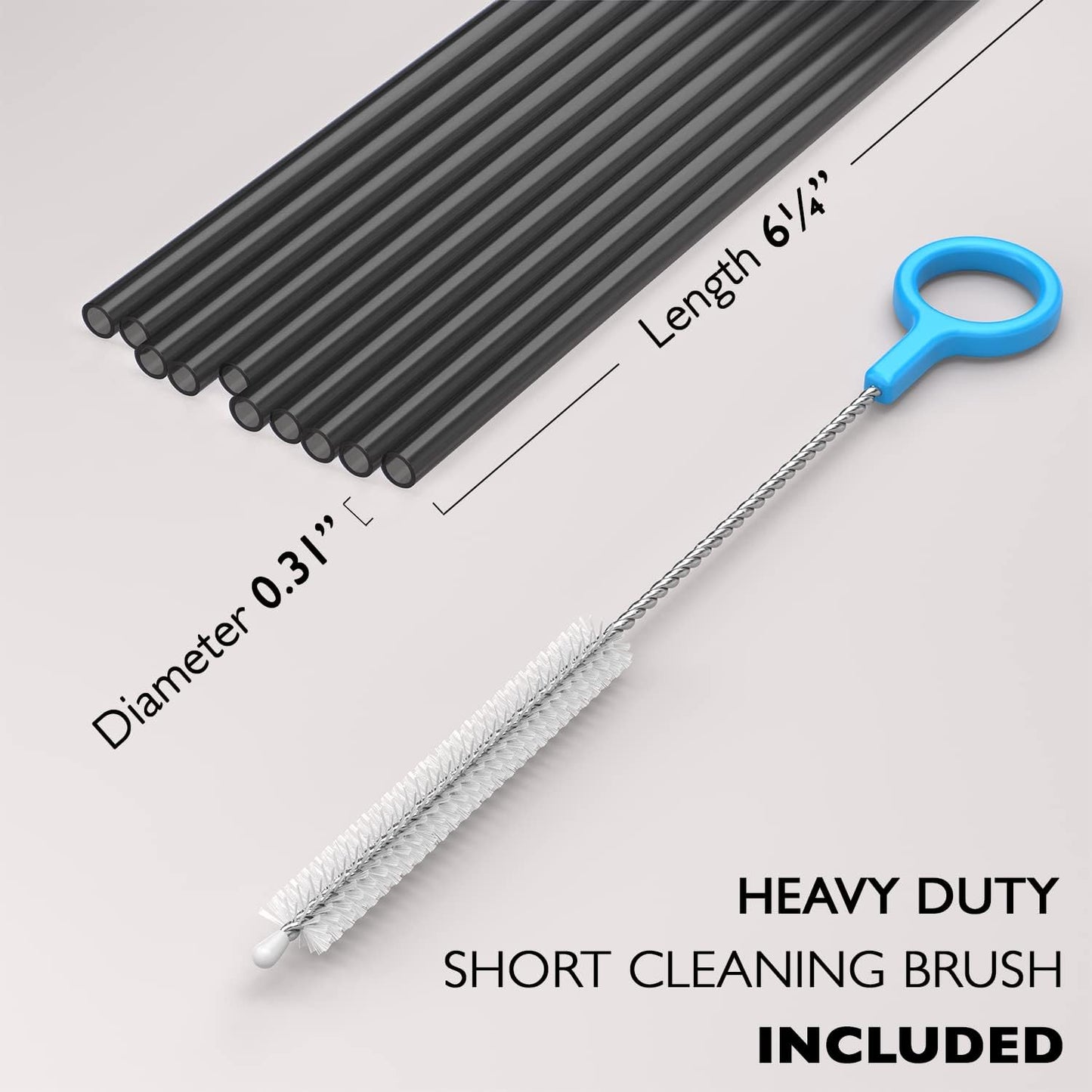 10 Short Reusable Hard Black Plastic Drinking Straws, Medium Width + Sturdy Cleaning Brush - for Cocktails, Small Cups, Kids Drinks - Dishwasher Safe BPA Free