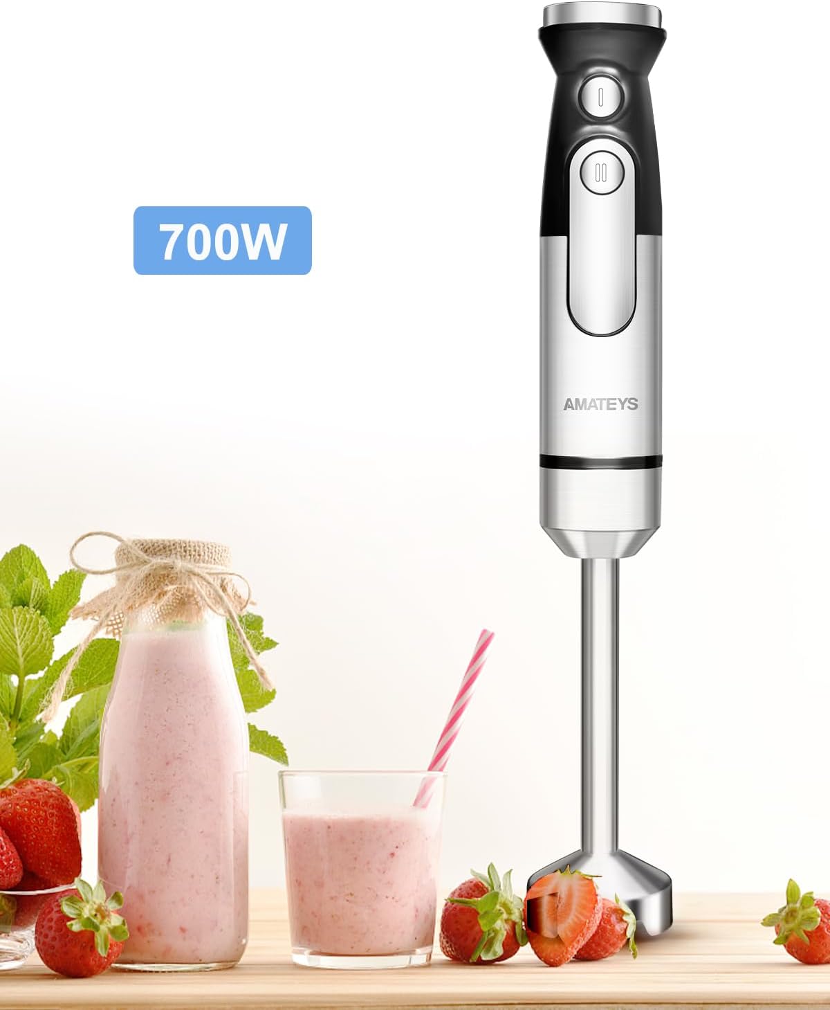 Immersion Blender Handheld,700W Hand Mixer Infinitely Variable Speeds,Multi-function Stainless Steel Stick Electric Kitchen Smoothie Blender with Detachable Whisk, Milk Frother,for Soup Puree