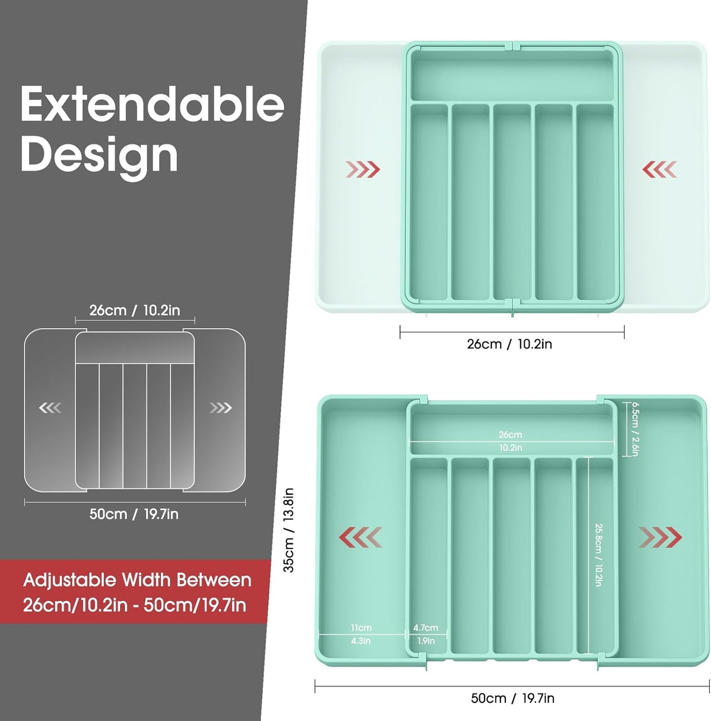 Aujen Silverware Organizer - Expandable Kitchen Drawer Organizer, Adjustable Utensil Organizer, Cutlery Tray for Forks, Knives, Multipurpose Kitchen Organizers and Storage Solution, Green, Large