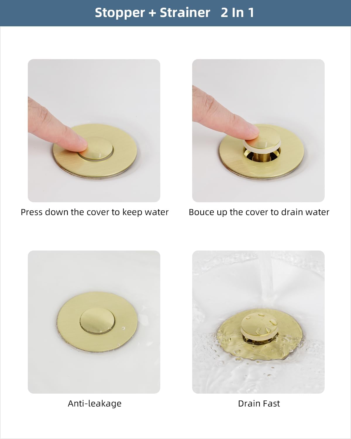 Hibbent 2 Pack All Metal Universal Bathroom Sink Stopper for 1.1''~2.3'' Basin, Pop Up Sink Drain Strainer, Brass Core Push Type Stopper, Stainless Steel Anti Clogging Drain Filter, Brushed Gold