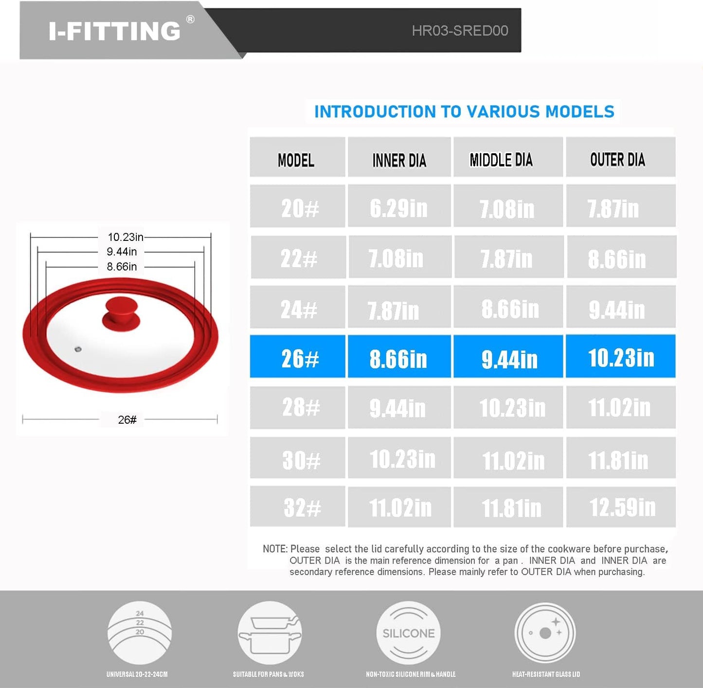 Universal Lid for Pot,Pan,Skillet Fits 8.5", 9.5,10 Cookware Silicon lid Dishwasher Safe, Replacement Lid Vented Tempered Glass with Heat Resistant Silicone Rim By HR Huare Technology, Red,1 Pack