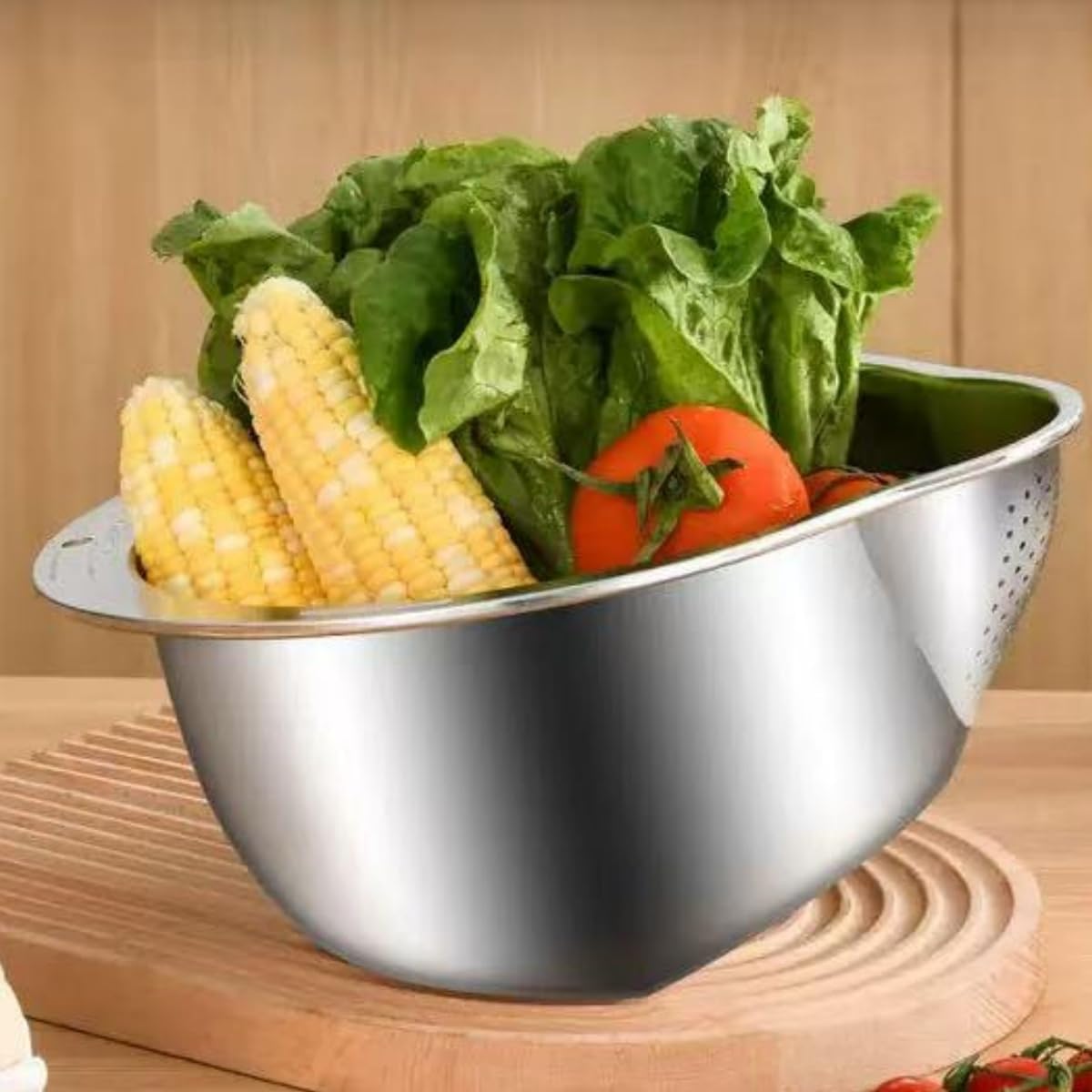 2 Pack Rice Washer Strainer Bowl,Stainless Steel Washing Bow Rinser With Side Drainers Colander for Cleaning Fruits, Vegetables Silver