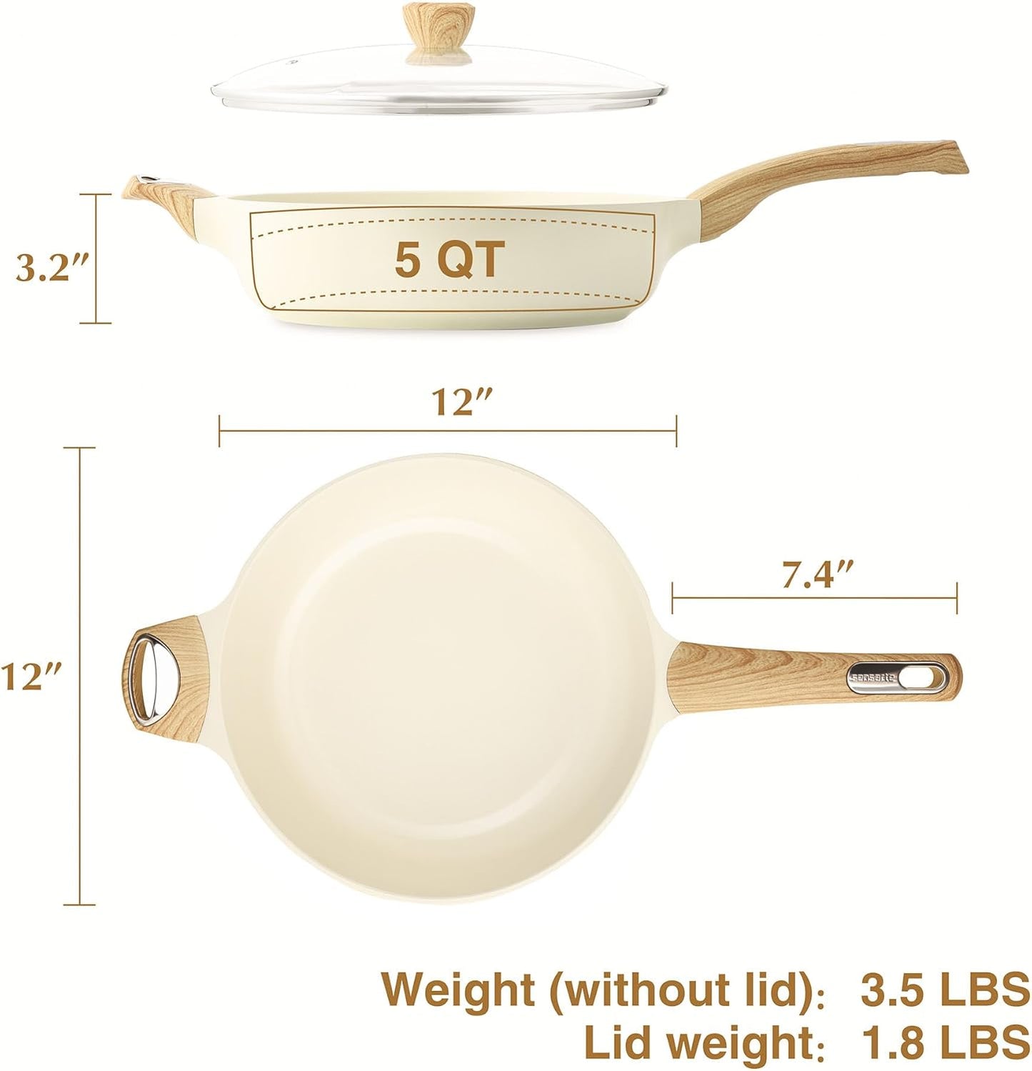 SENSARTE Ceramic Nonstick Frying Pan Skillet with Lid, 12 Inch Large Deep Frying Pan, 5 Qt Saute Pan, Induction Pan, Healthy Non Toxic Cooking Pan with Helper Handle, PFOA PFAS PTFE Free