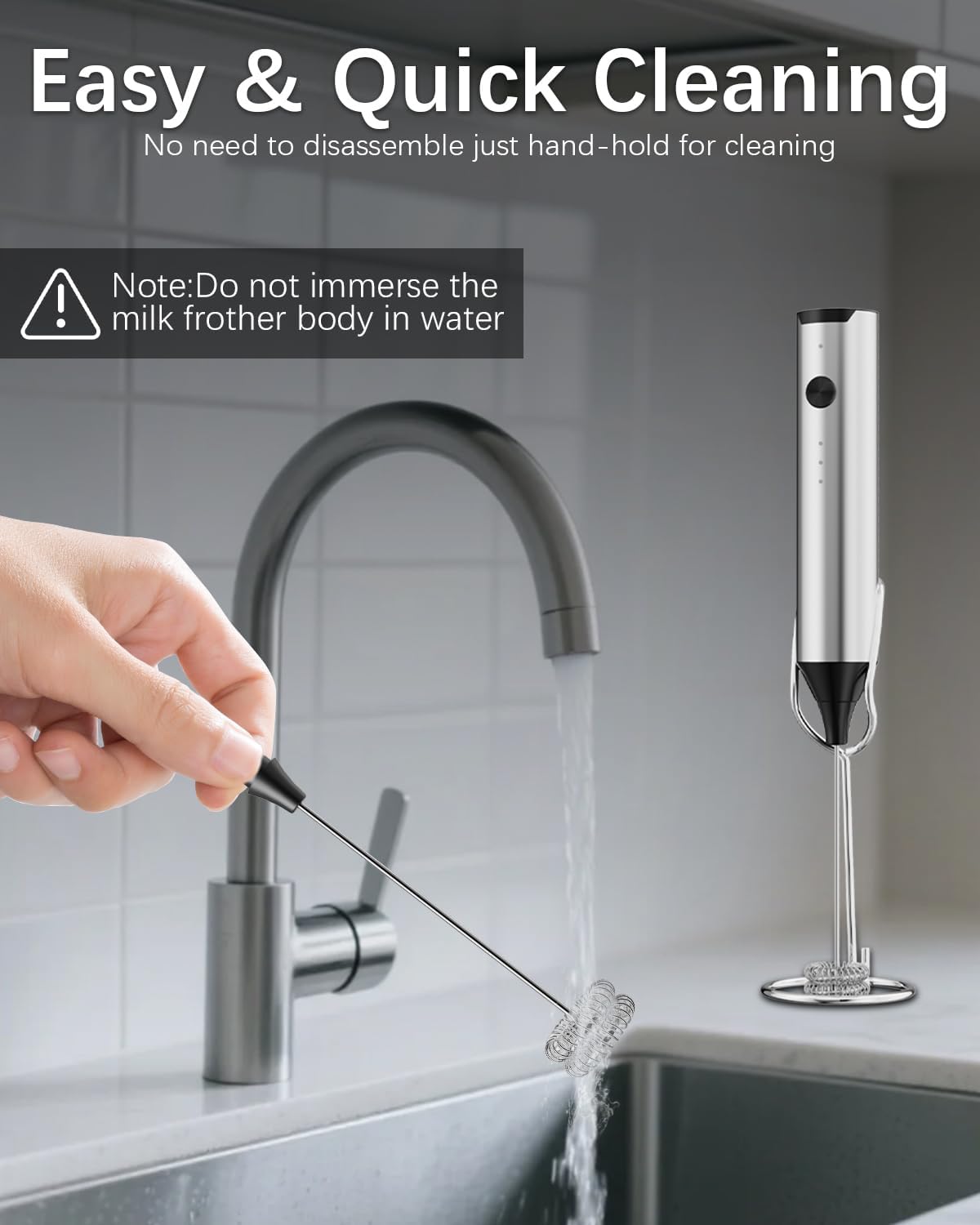 Rechargeable Milk Frother with Stand, Electric Frother Wand Handheld Coffee Foam Maker Detachable Stainless Steel Whisk Drink Mixer Foamer for Latte, Cappuccino, Hot Chocolate, Egg (Silver)