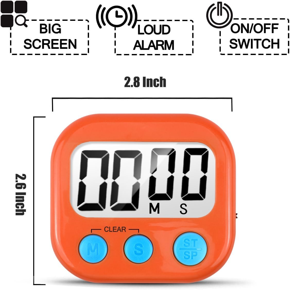 2 Pack Digital Kitchen Timer for Cooking Big Digits Loud Alarm Magnetic Backing Stand Cooking Timers for Baking Orange