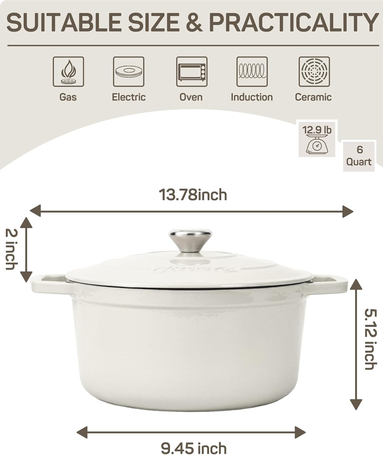 6 QT Dutch Oven Pot with Lid, Enameled Cast Iron Dutch Oven for Bread Making, Braiser, Cooking, Dual Handles, Oven Safe up to 500° F or on Stovetop, Gifts for Family - Off White