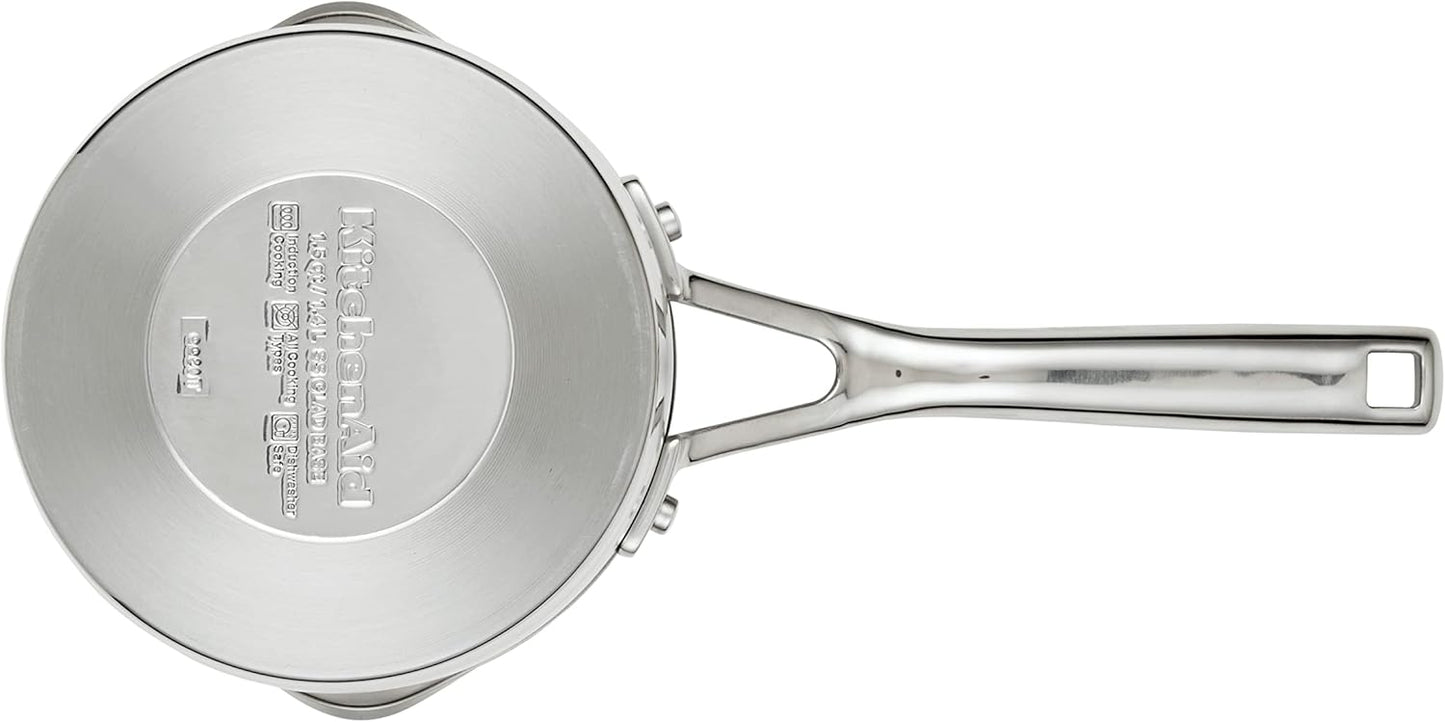 KitchenAid 71026 3-Ply Base Brushed Stainless Saucepan with Pour Spouts, 1.5 Quart -Brushed Stainless Steel