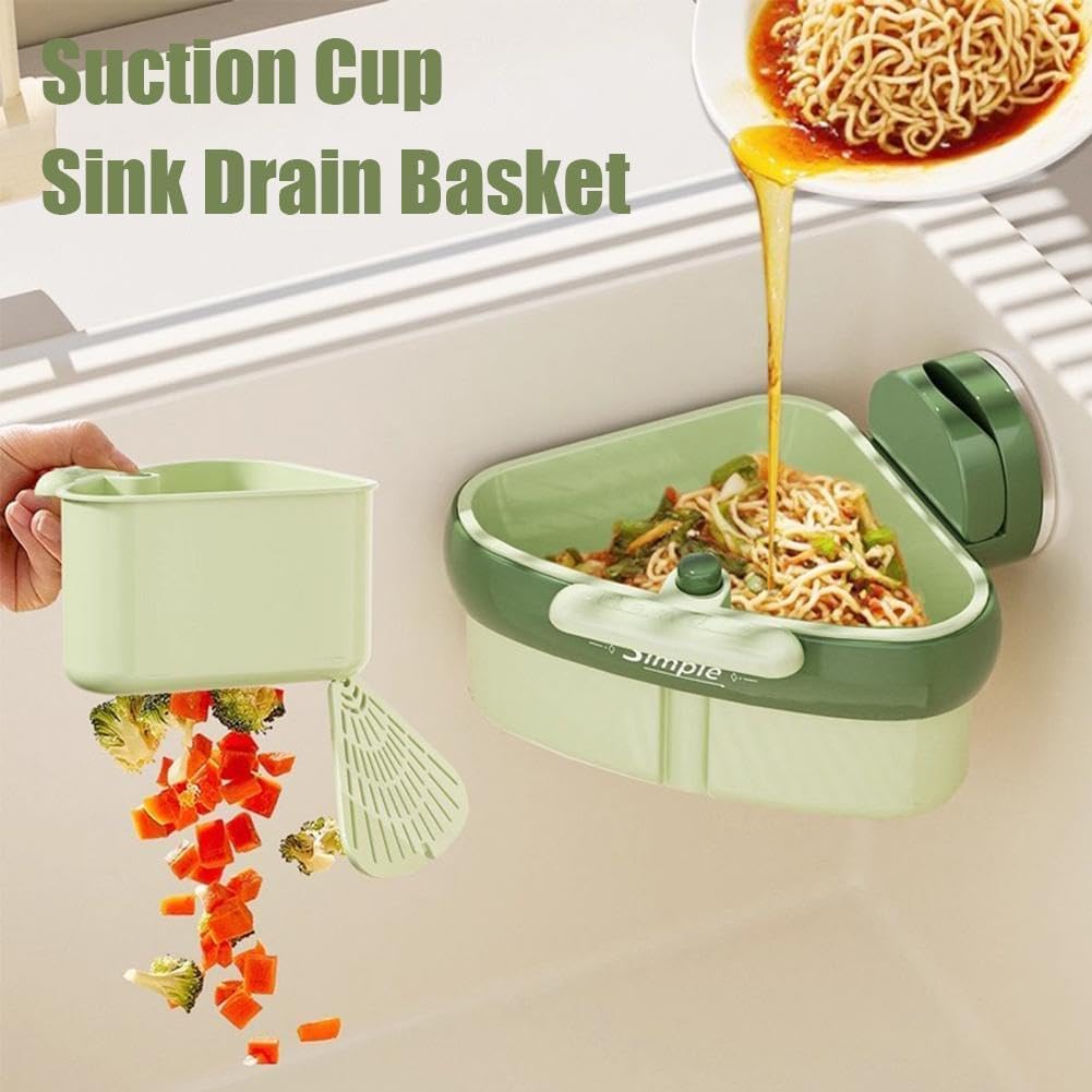 Corner Sink Strainer,2025 New Suction Cup Press Sink Strainer Basket,Automatic Dumping food Waste Catcher for Sink,Faucet Sponge Storage Rack,Corner Sink Trash Catcher for Food Waste (Green 1PCS)