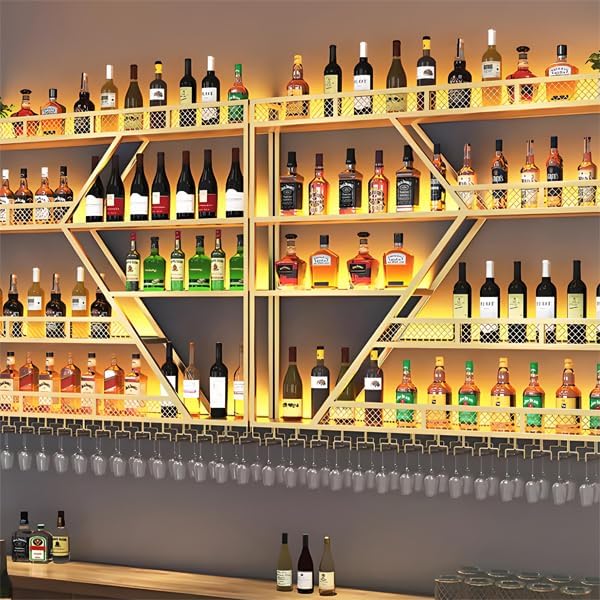 63in Metal Wine Rack Wall Mounted, Modern Wine Storage Rack Wall Mounted with Wine Glass Holder, Liquor Shelf, Bar Shelves for Liquor Bottles (4 Tiers Gold, 63 * 7.87 * 48.5INCH)