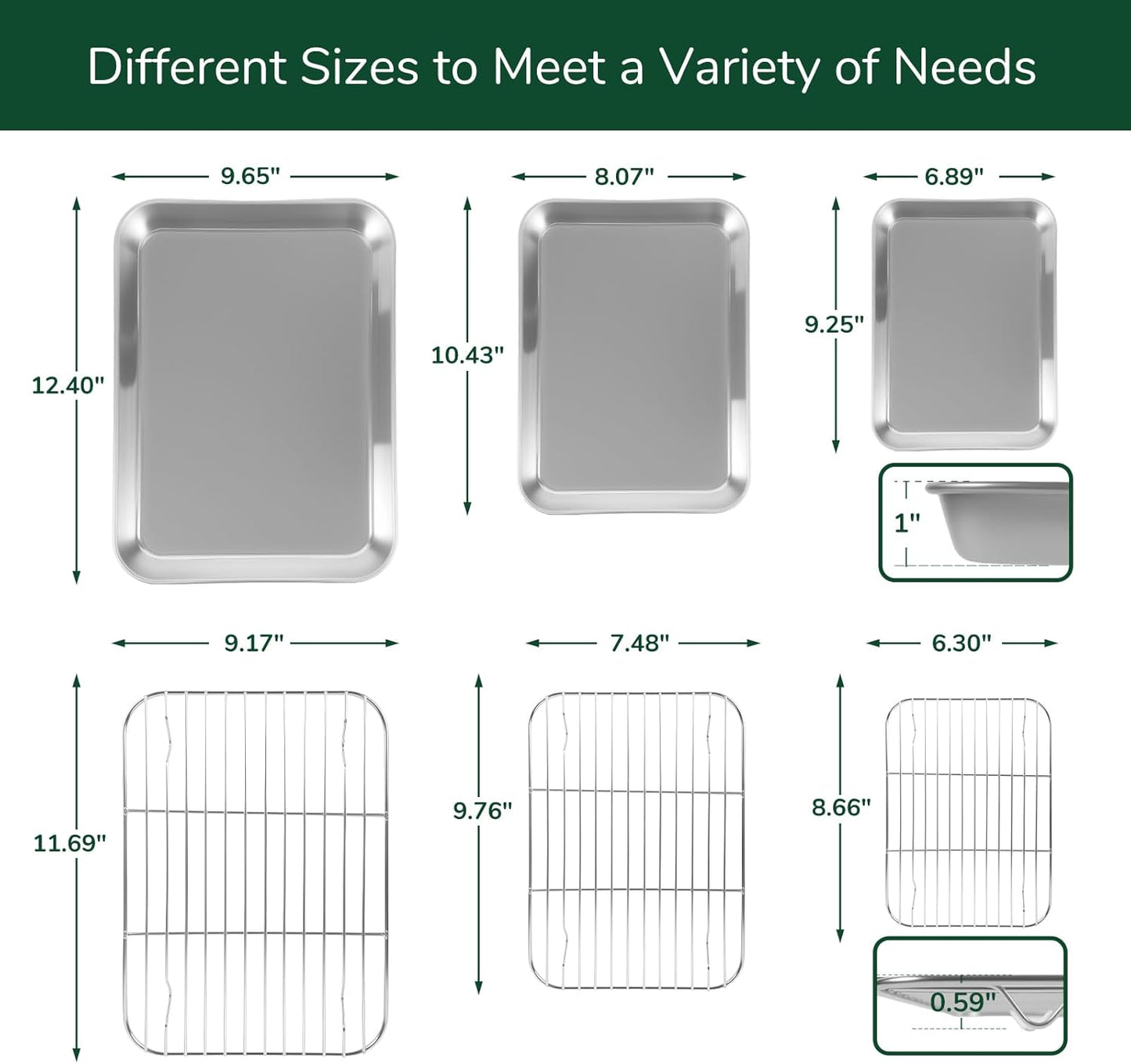 18/0 Stainless Steel Baking Sheet with Cooling Rack, Oven-Safe Non-Toxic Cookie Sheets for Baking, Set of 6, Coating Free & Rust Resistant for Healthy Family Baking, Easy to Clean, Heavy-Duty