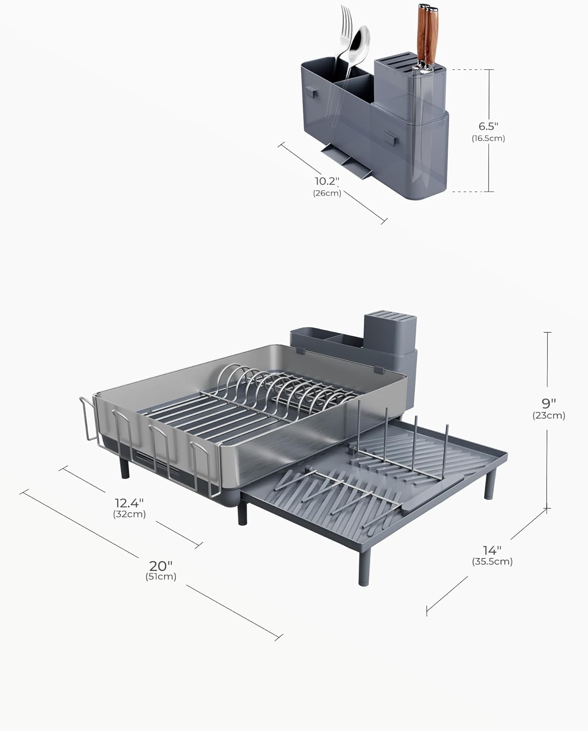 SUNLY Large Dish Drying Rack, Expandable Dish Racks for Kitchen Counter, Space Saving 304 Stainless Steel Drying Rack Kitchen, Extra Large Drainer with Multifunctional Flip Up Pegs, Gray