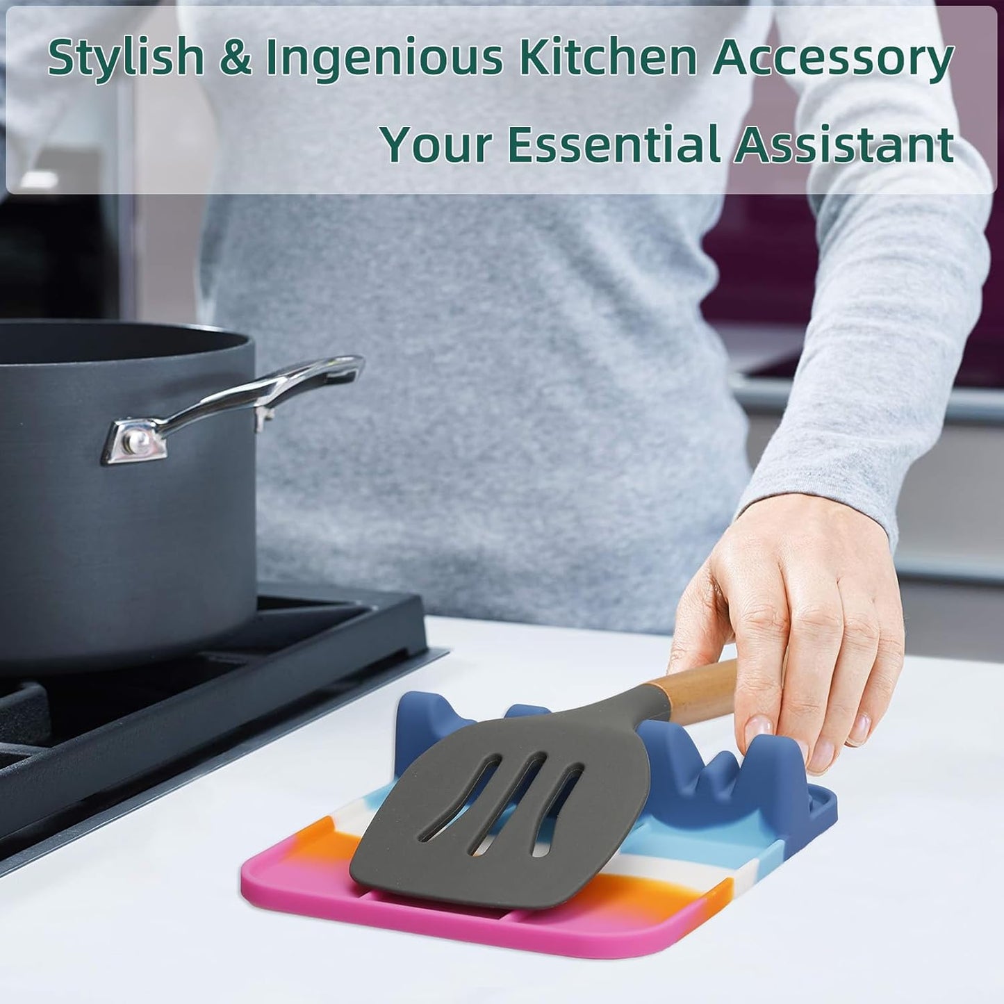 Spoon Rest, Silicone Spoon Holder for Stove Top with Drip Pad Suitable for Multiple Kitchen Gadgets, 3-Groove Upgraded Utensil Rest for Kitchen Counter, Heat-Resistant Dishwasher Safe, Macaron Color