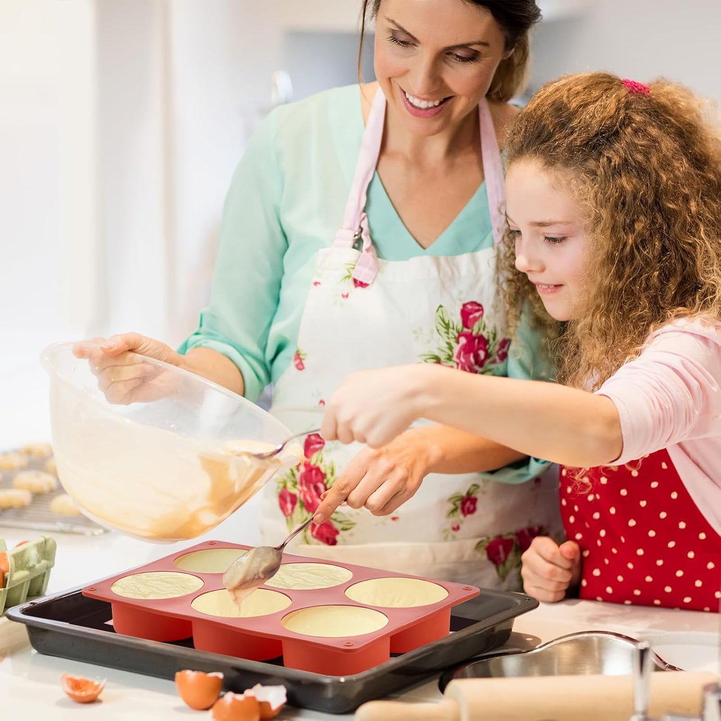 JOERSH 2-PK Silicone Egg Bite Molds Deep 3 Inch Frittata Baking Pans, Non-Stick Round Silicone Molds for Egg Breakfast Sandwich, English Muffin, Cheesecake, Dinner Rolls