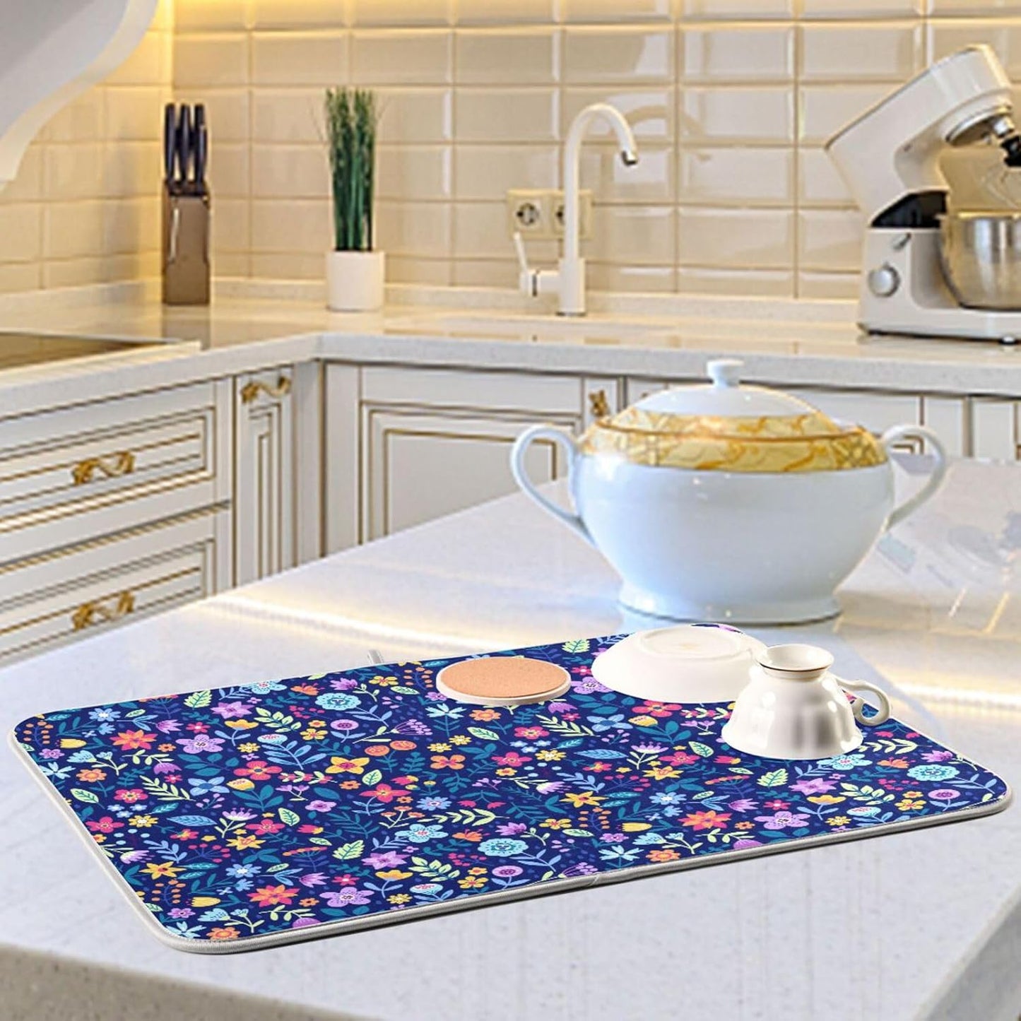 Cute Floral Flowers Dish Drying Mat for Kitchen Counter Absorbent Microfiber Drying Pad, Large 18x24 in, Reversible Drainer Mats