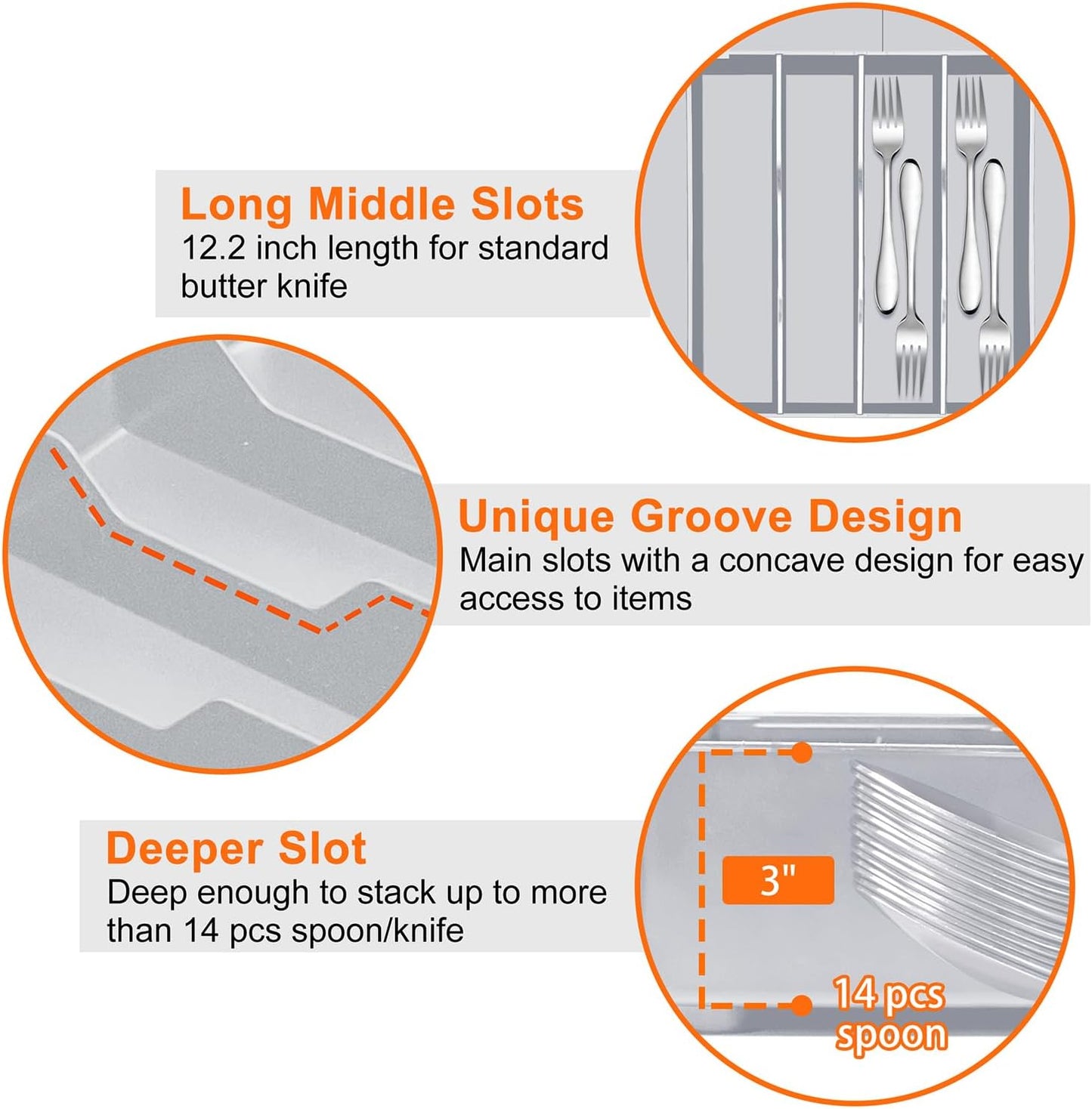 Silverware Organizer for drawer - Adjustable Kitchen Drawer Organizer Utensil Drawer Organizer, Expandable Silverware Tray for Drawer Utensil Organizer for Forks, Knives, Grey