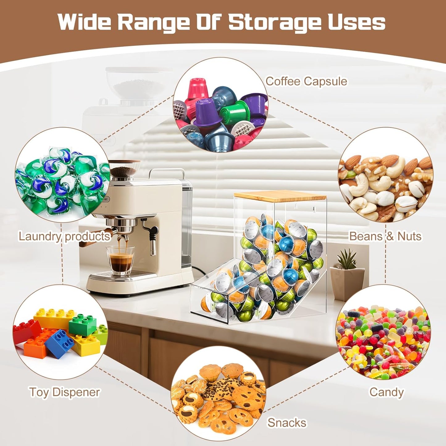 TCJJ Coffee pod organizer with bamboo lid, transparent k cup holder, 170 cubic inches capacity, can be placed on a tabletop or mounted on a wall, compatible with Nestlé coffee pod.