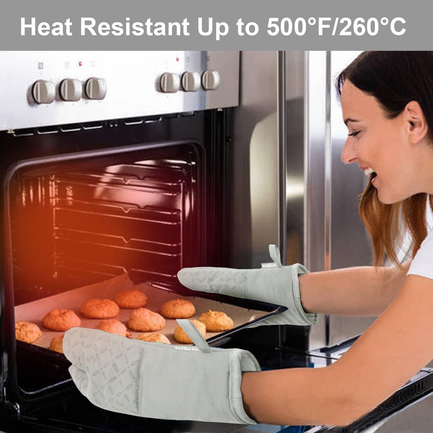 KEGOUU Oven Mitts and Pot Holders 6pcs Set, Kitchen Oven Glove High Heat Resistant 500 Degree Extra Long Oven Mitts and Potholder with Non-Slip Silicone Surface for Cooking (Greenish Gary)