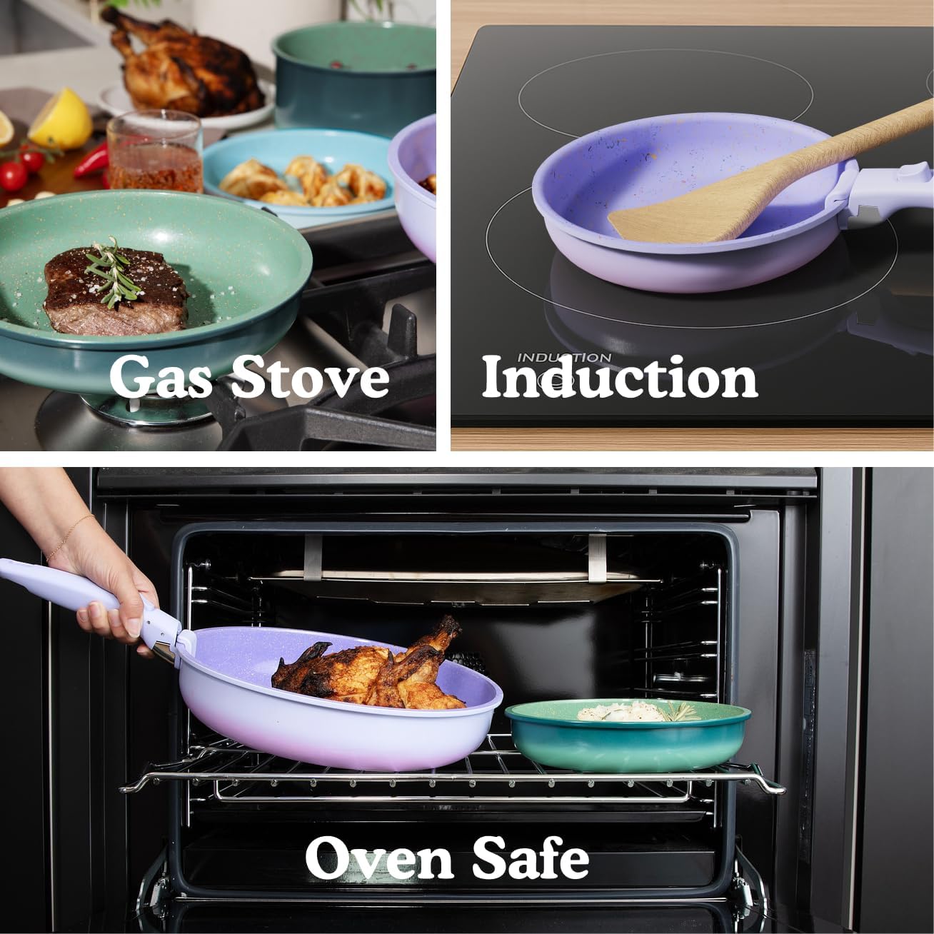 BytheTable Ombré Ceramic Titanium Non-Toxic, Nonstick Cookware Set 8-Piece Modular System with Removable Handle and Magnetic Lid, Magnetic Spatula, Eco-Friendly, Oven & Dishwasher Safe (Green)