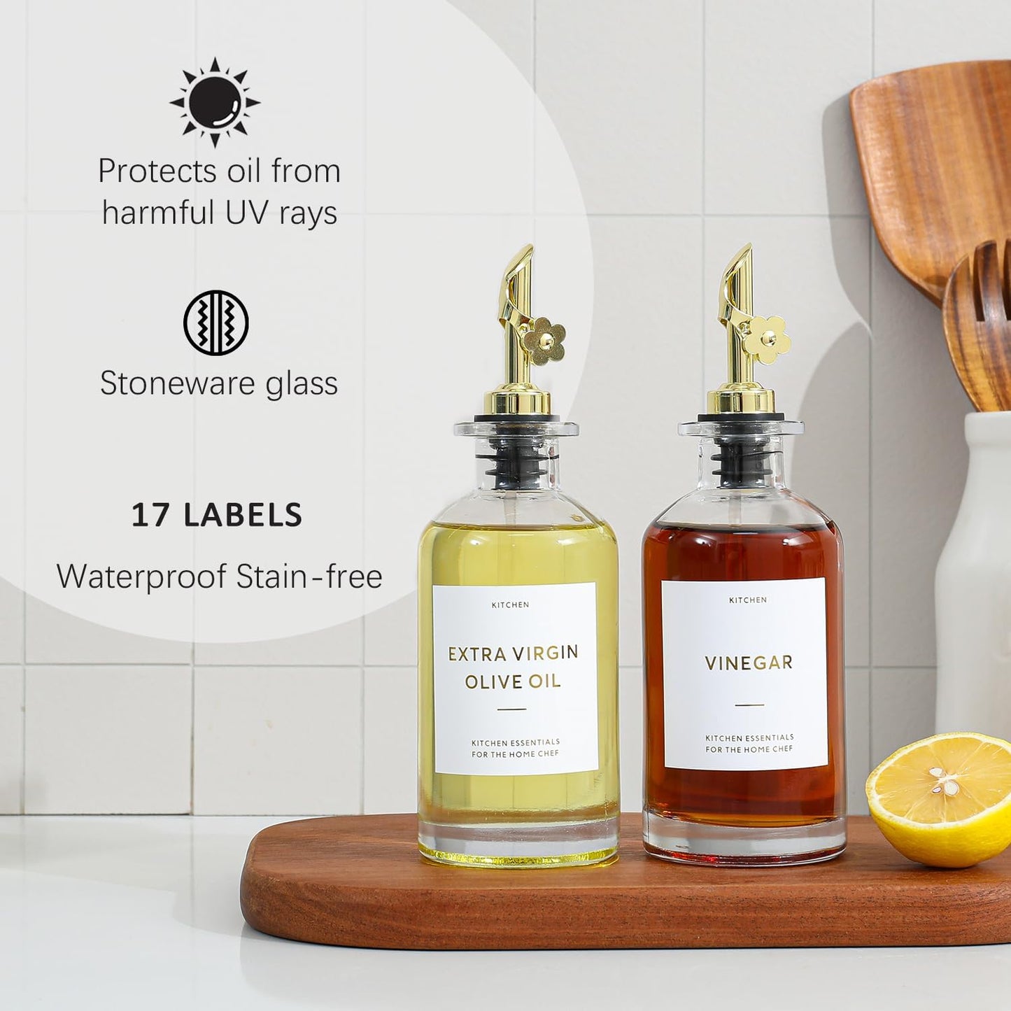 HOMCDALY Olive Oil Dispenser for Kitchen, 11.8oz Glass Dispenser Bottles with Pourer for Kitchen, Oil and Vinegar Dispensers Set, Leakproof Oil Bottle for Cooking| Set of 2 (11.8oz)