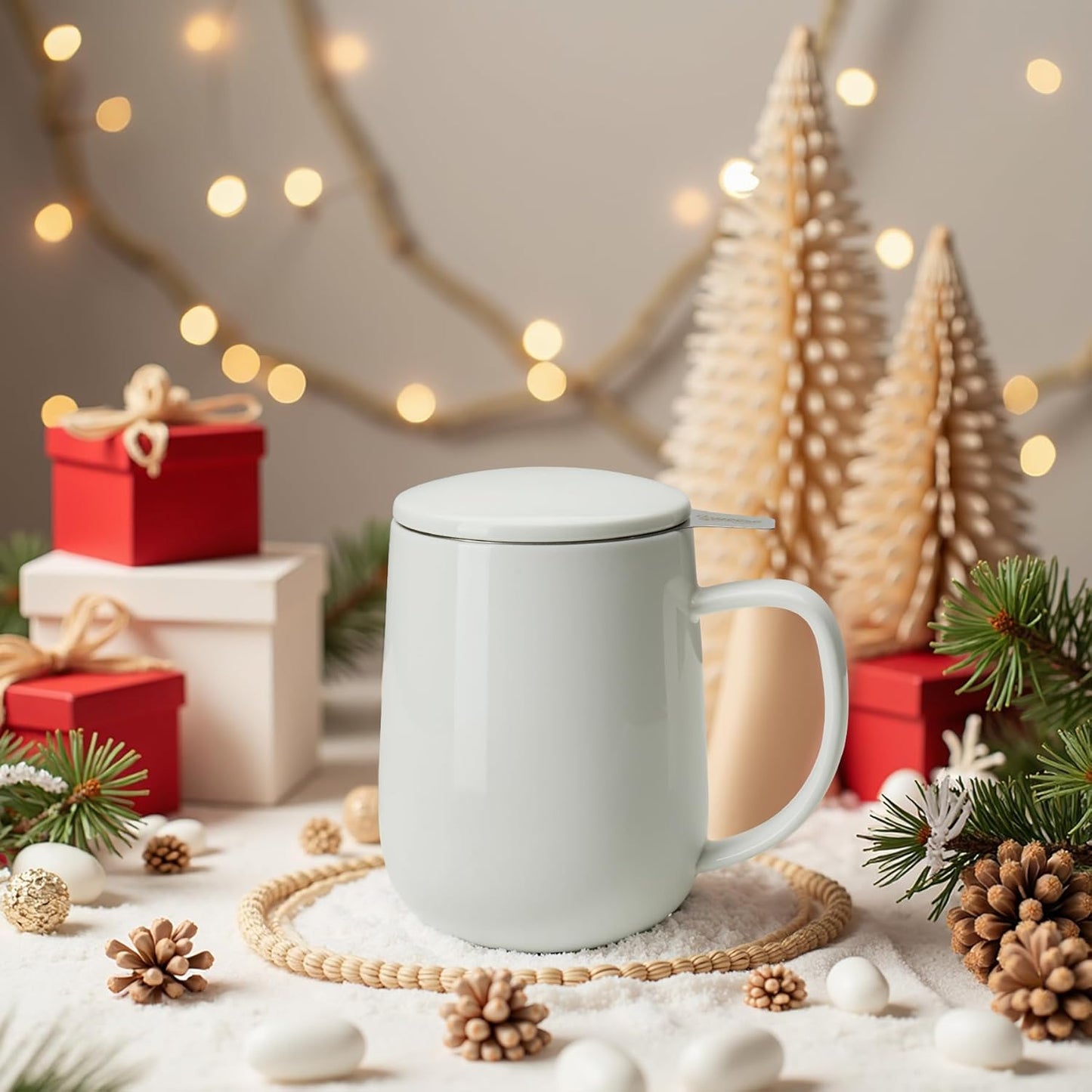 Sweese 20 OZ Porcelain Tea Mug with Infuser and Lid, Loose Leaf Tea Cup, Gifts for Tea Lover - White