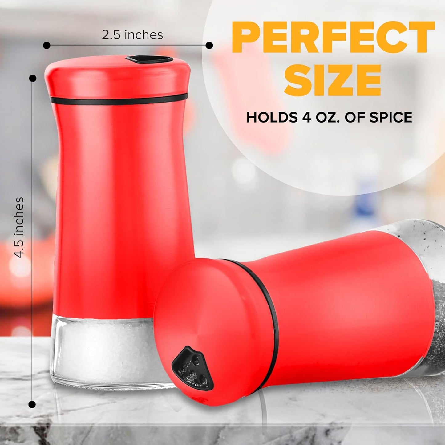 The Original Salt and Pepper Shakers set -Red- Spice Dispenser with Adjustable Pour Holes - Stainless Steel & Glass Set of 2 Bottles
