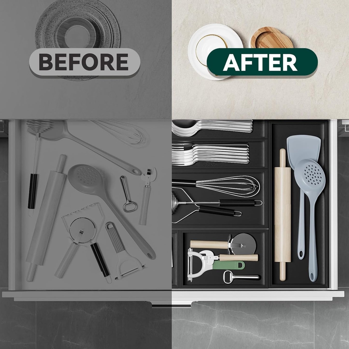 Bamboo Drawer Organizer, Cutlery Silverware Organizer for Kitchen Drawer, Stackable Utensil Organizer, 2 Pcs Flatware Organizer, Wooden Storage Box Tray (Black, 9 X 6 X 2 Inch)