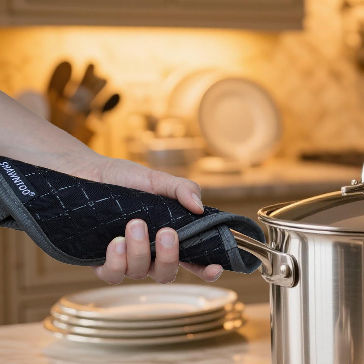 Oven Mitts and Pot Holders Sets 6pcs, Kitchen Oven Glove,High Heat Resistant 550 Degree Extra Long Oven Mitts and Potholders with Non-Slip Silicone Surface for Home Essentials (Grey) (Matte Black)