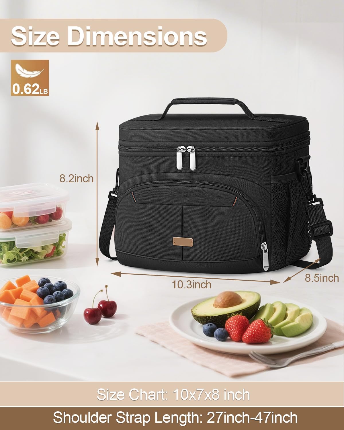 Lunch Box for Man Women, Insulated Lunch Bag Cooler Bag Leakproof Lunchbox Lunch Tote Bags with Removable Strap for Work School Picnic Travel (Black/12L