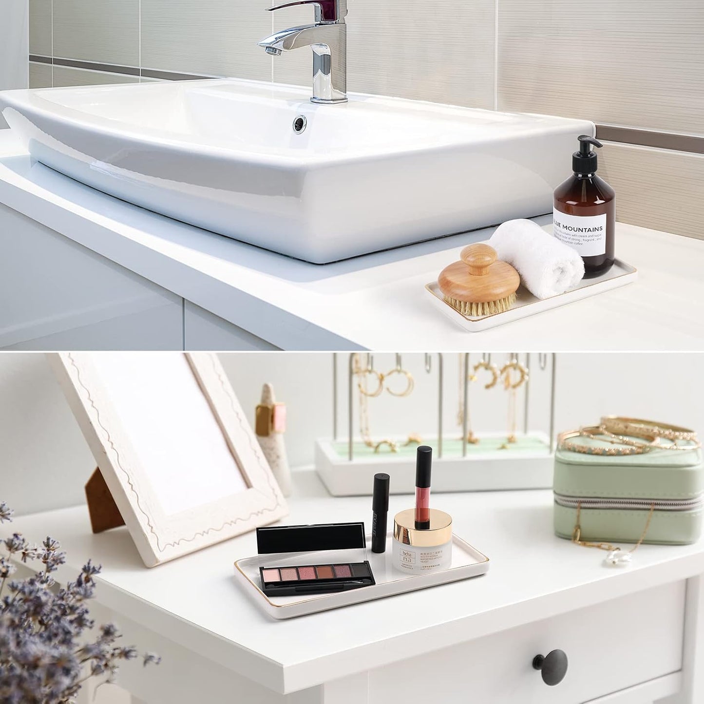 Gurygo 8" Bathroom Tray, Ceramic Vanity Trays for Bathroom, Small Ceramic Trays, Kitchen Soap Tray for Kitchen Counter (White with Gold-Edged, 8",Set/1)