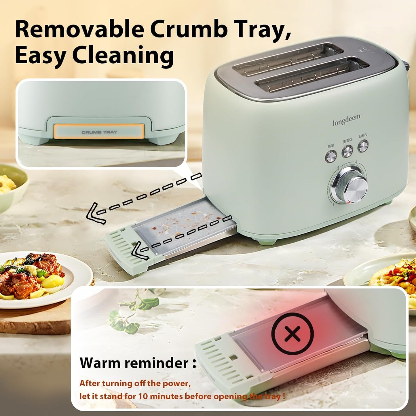 2-Slice Toaster 1.5" Extra Wide Slot Stainless Steel with High Lift Lever, 6 Presets & Bagel/Defrost/Cancel Function, Removal Crumb Tray, Under Base Cord Storage, Green