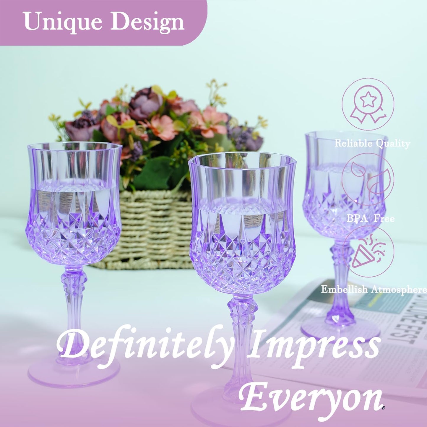 Plastic Wine Glasses,Plastic Goblets Vintage Style Cordial Drinking Glasses for Wedding Reception, Grand Event Party Supplies (24, Purple)