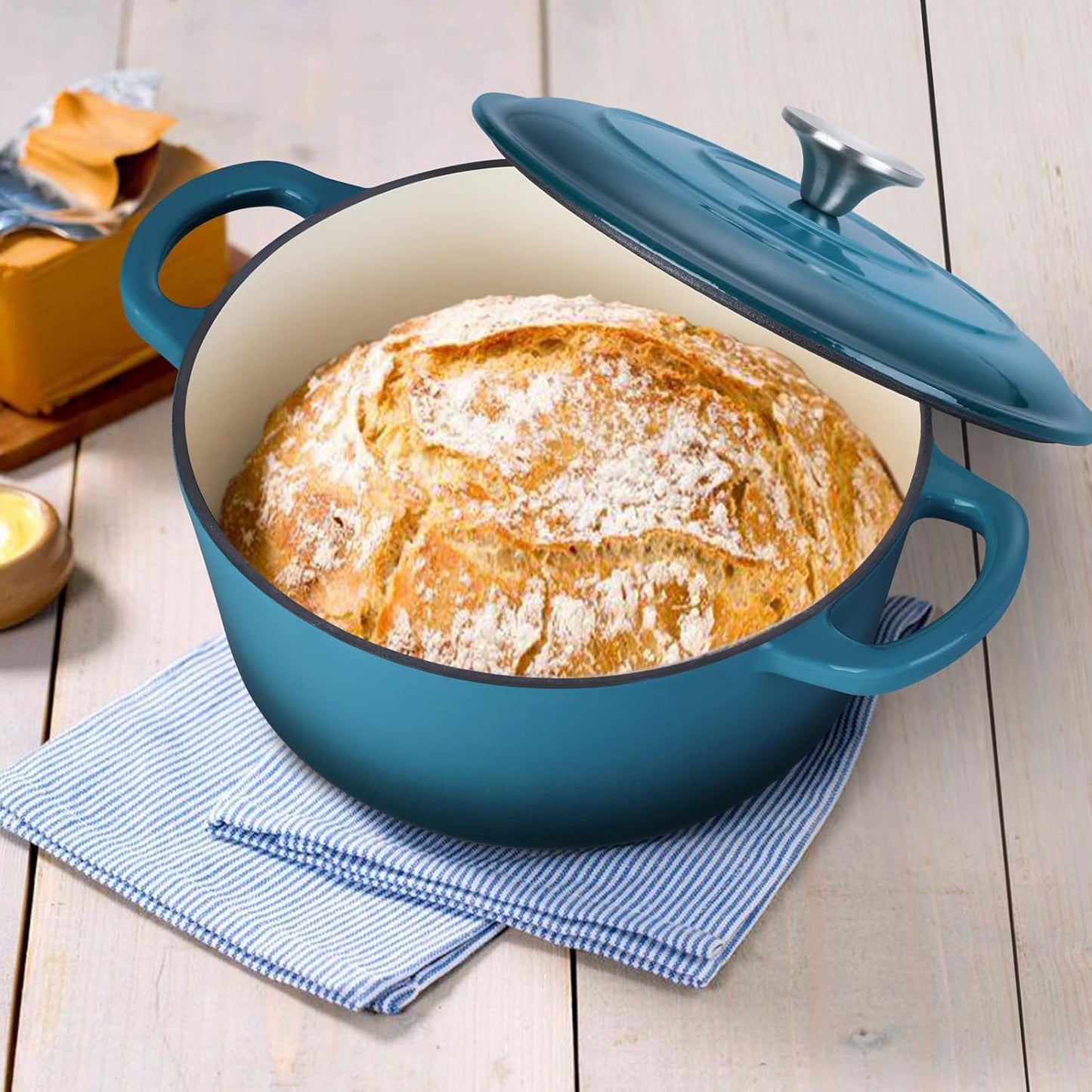 E-far 3 Qt Enameled Cast Iron Dutch Oven with Lid, Small Round Nonstick Dutch Oven Pot for Bread Baking Braising Stews Roasting Cooking, Heavy Duty, Induction & Oven Safe - Teal Mist