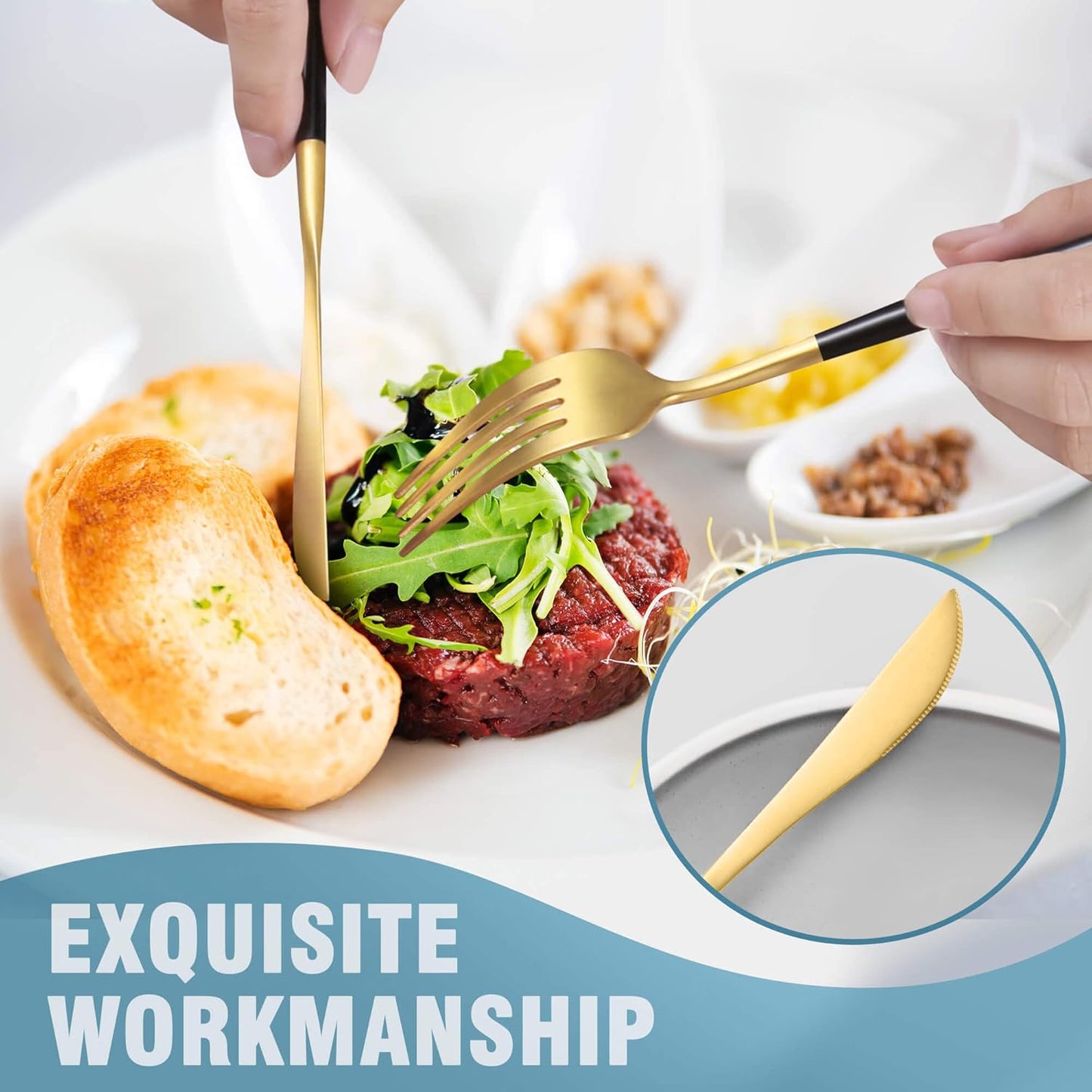 Matte Black Gold Silverware Set for 4,Modern Stainless Steel Brushed Cutlery Set,20-Pieces Heavy Duty Flatware Set,Knives Spoons and Forks Set Utensils Set, Satin Finish, Dishwasher Safe