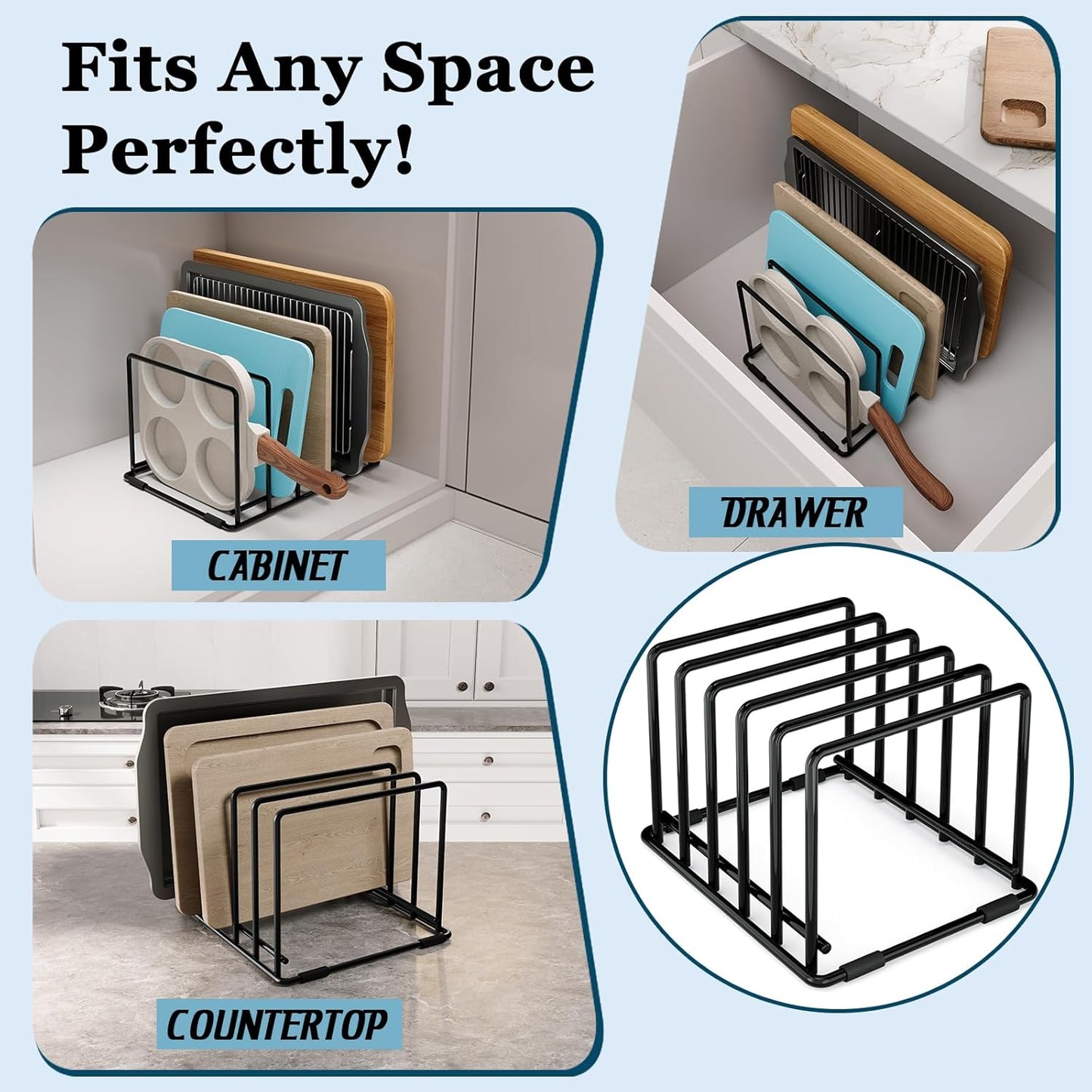 2-Pack Cutting Board Organizer, 5-Slot Steel Kitchen Storage Rack for Cutting Boards, Baking Trays, and Thin Pans - Compact Clutter-Free Solution