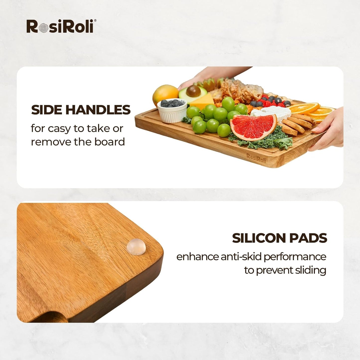 Acacia Wood Cutting Board for Kitchen - 1 inch Thick FSC Certified Wood Charcuterie Cheese Board with Side Handles and Juice Grooves, Wooden Chopping Block for Meat and Veggies, 17x12 inch