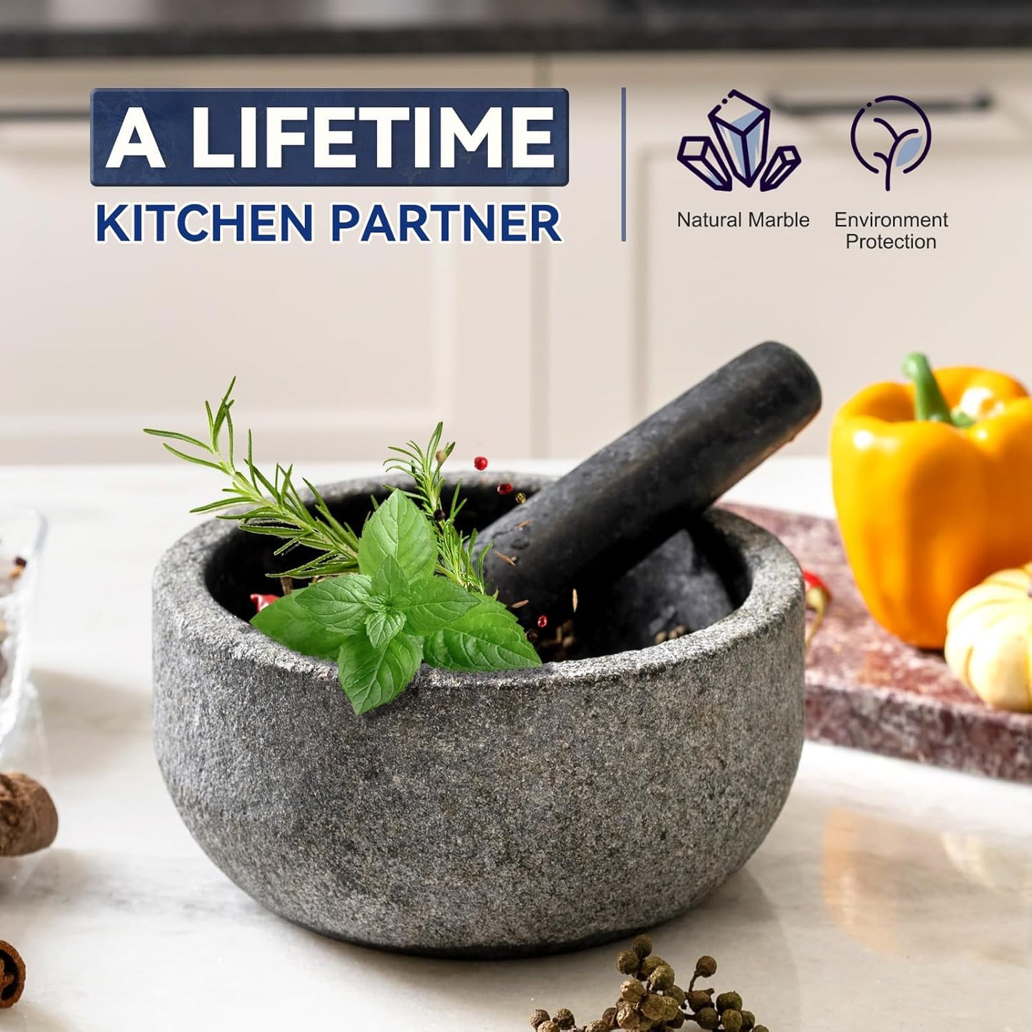 Koville Granite Mortar and Pestle Set, 7"-4 Cups Unpolished Stone Grinder Bowl for Guacamole, Salsa, Pill Crusher, Spice, Herb, Garlic, Nut, Heavy Duty Grinder for Kitchen(Angola Silver Black)