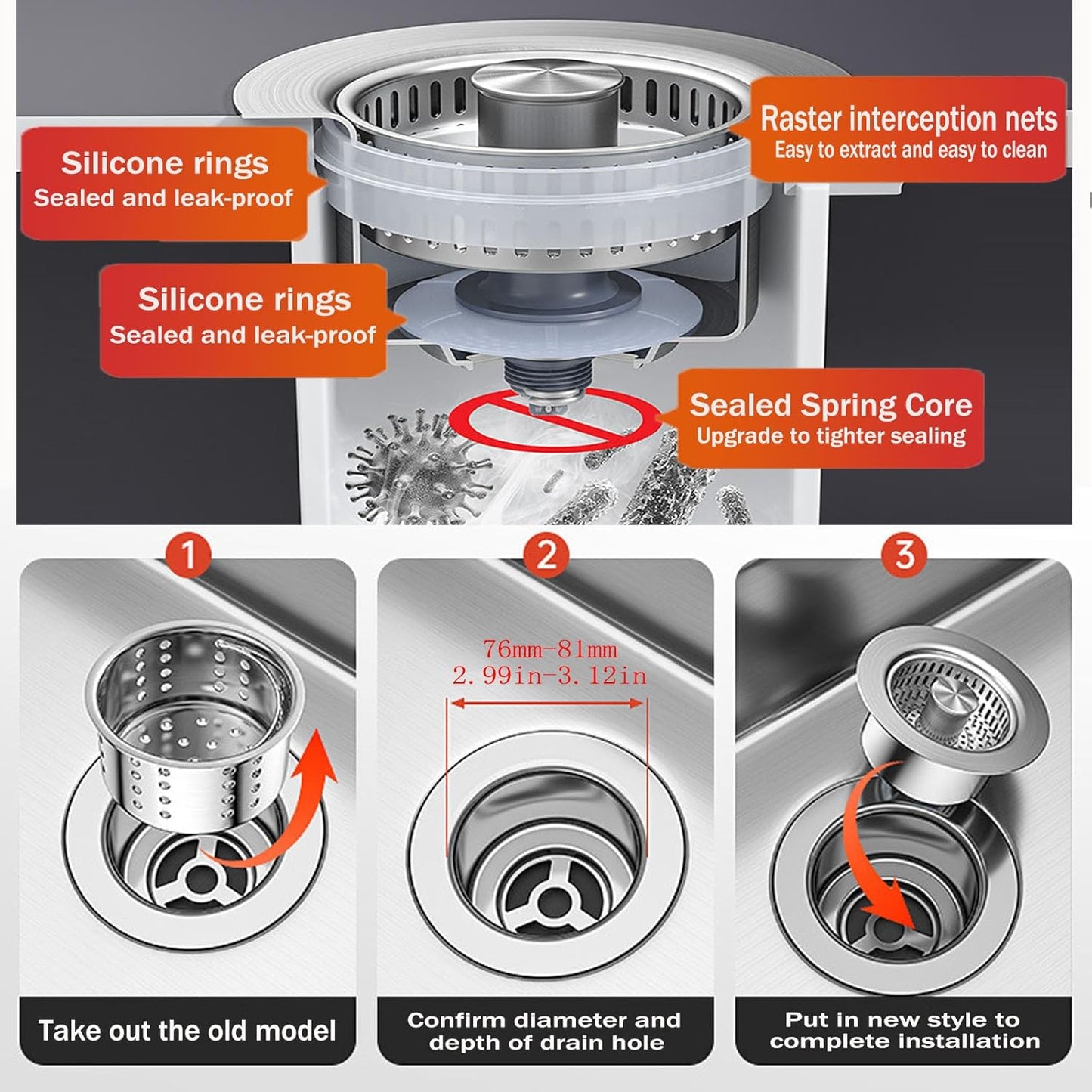 Kitchen Sink Drain Strainer,Upgraded 304 Stainless Steel 3 in 1 Pop-up Sink Drain Strainer Kitchen Drain Strainer Cover and Sink Stoppers Combo,Standard 3-1/2 in Hole