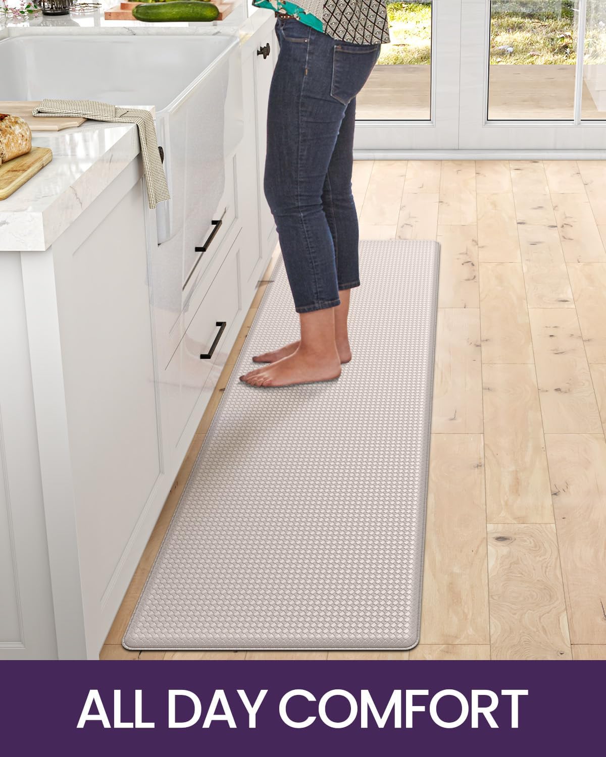 DEXI Kitchen Floor Mats Cushioned Anti Fatigue, 17x79, Large Long Standing Runner Rug Waterproof, Comfort Memory Foam Padded for Front Sink Laundry, Beige White
