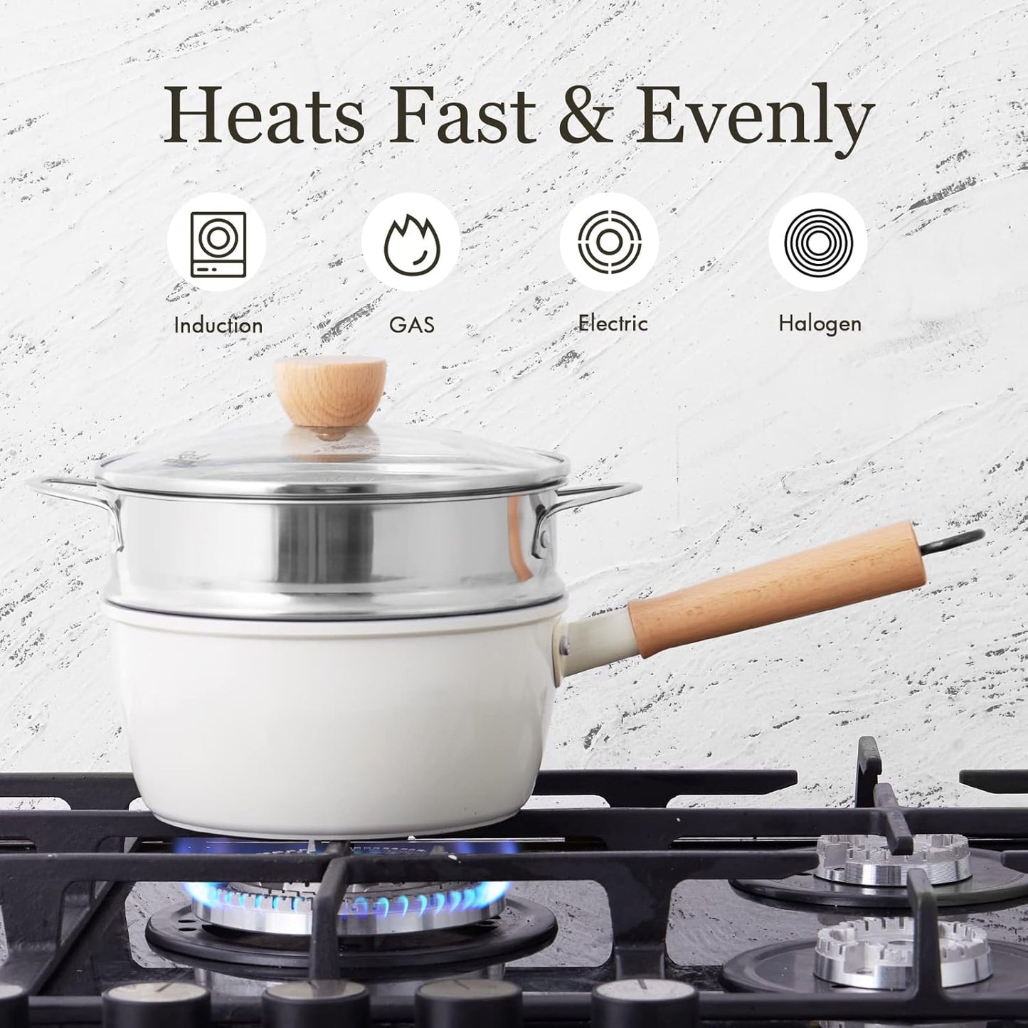 ROCKURWOK Ceramic Nonstick Sauce Pan with Lid, 2 Quart Cooking Pot, Small Saucepan with Steamer, PTFE & PFAS-Free, Wooden Handle for Cool Touch, Universal Base(Gas, Electric & Induction), White