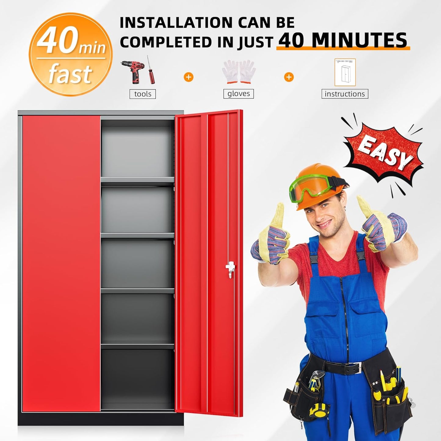 INTERGREAT Storage Cabinet, 72” Steel Locking Closet with Doors and 4 Adjustable Shelves, Tool Unit for Home Office, Garage & Tall Lockable File Cabinet, Black Red.