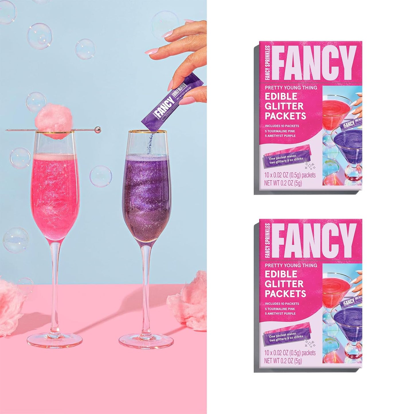 Fancy Sprinkles Pretty Young Thing Edible Glitter Packets Portable & On-The-Go for Sparkling Drinks, Champagne, Cocktails, Wine, Beer, & more. (2 Pack)