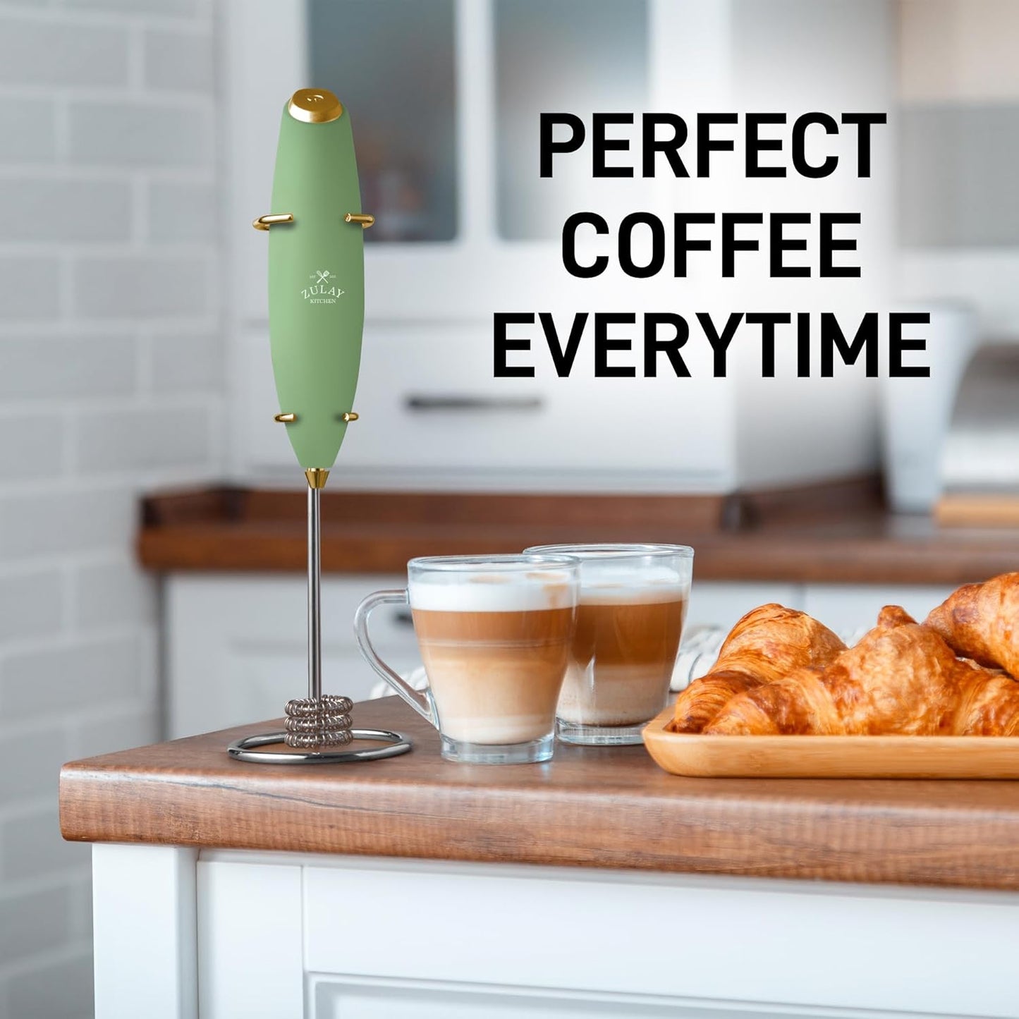 Zulay Kitchen Tornado Whisk Milk Frother with 4 AA Duracell Batteries - Triple Whisk for More Power - Handheld Coffee Frother with Stand - Drink Mixer for Lattes, Matcha & Protein Shakes