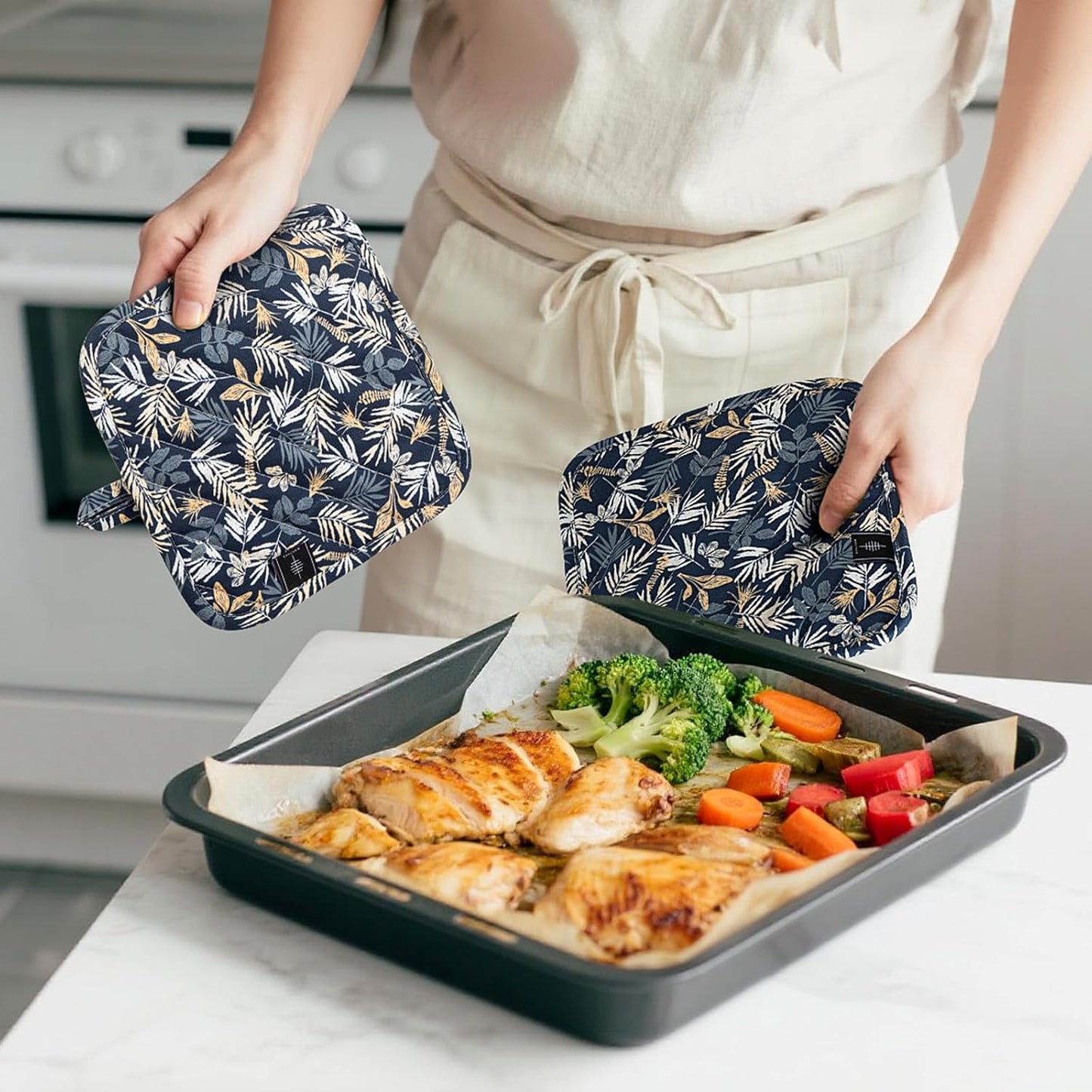 Pot Holders for Kitchen Heat Resistant Hot Pads for Countertops Oven Pot Holders Cotton Potholders for Kitchen Cooking Baking (Blue Leaves)